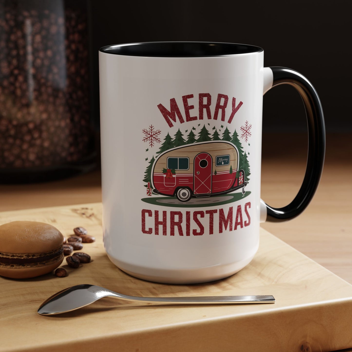 Christmas Mug - Merry Christmas Maroon Text Camper Trees Snowflakes