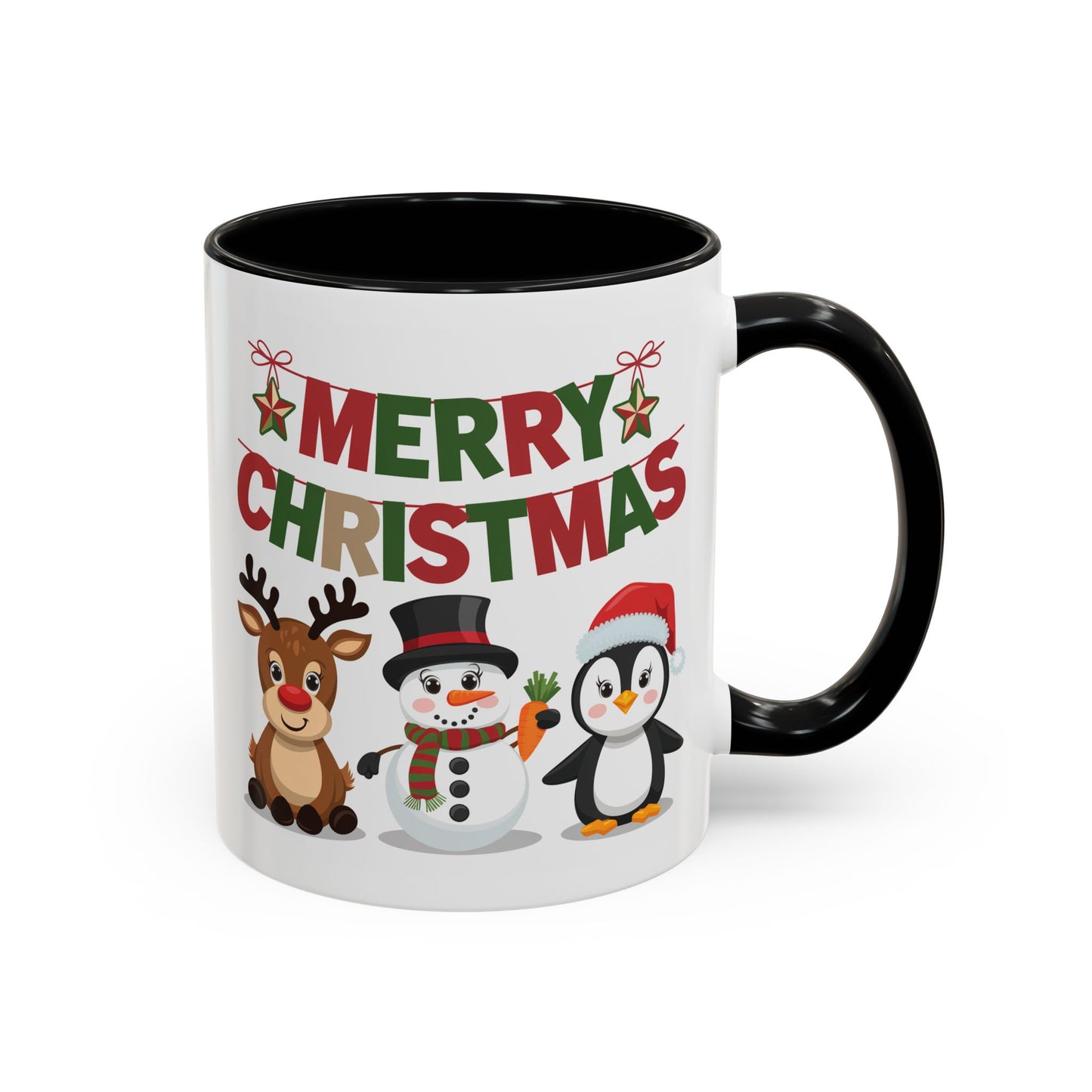 Christmas Mug - Red Green & Gold Text Reindeer Snowman Penguin