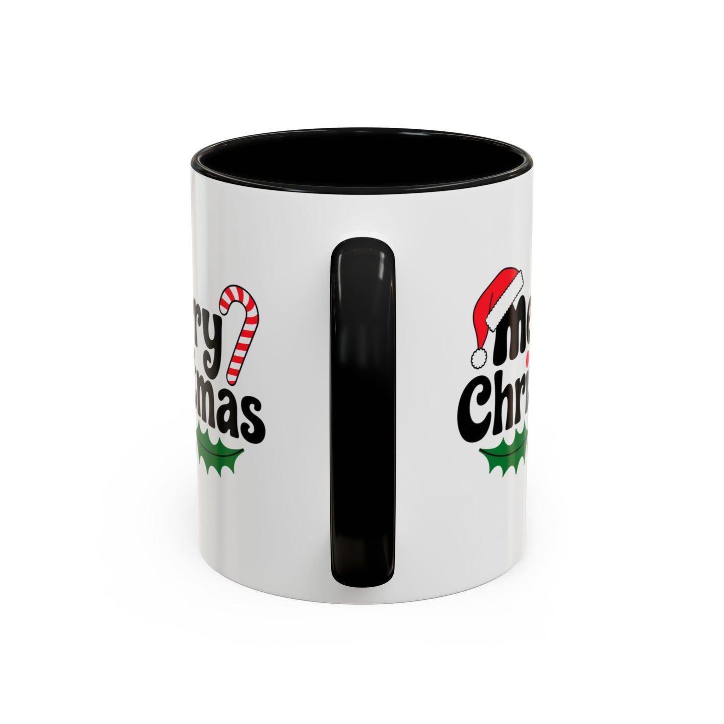 Christmas Mug - Merry Christmas Black Text Hat Candy Cane Mistletoe