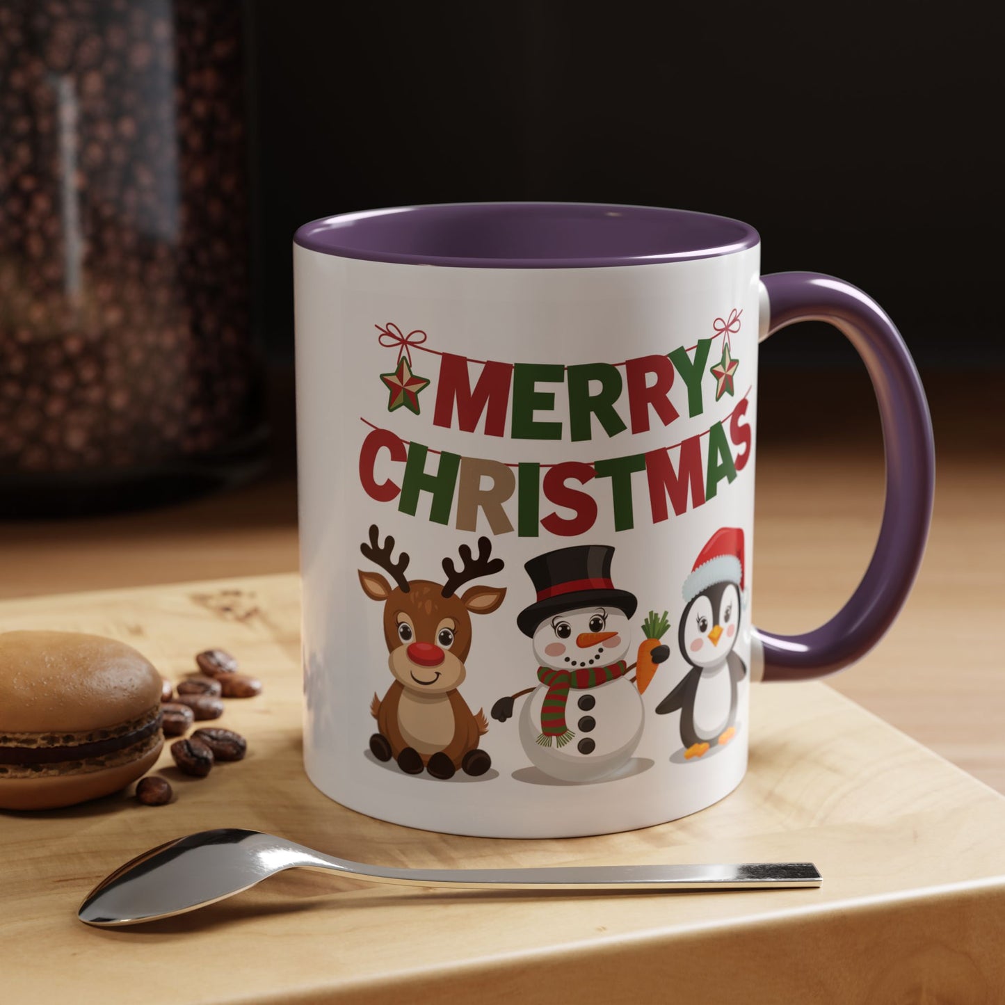 Christmas Mug - Red Green & Gold Text Reindeer Snowman Penguin