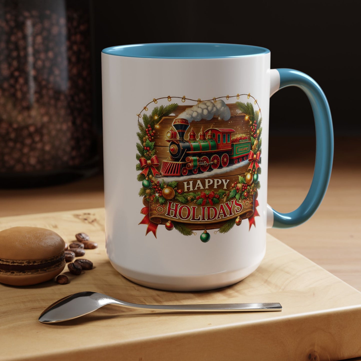 Christmas Mug - Happy Holidays White & Red Text Steam Locomotive
