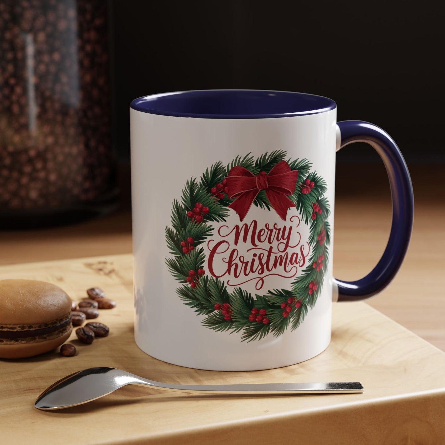 Christmas Mug - Merry Christmas Red Text Bow Wreath