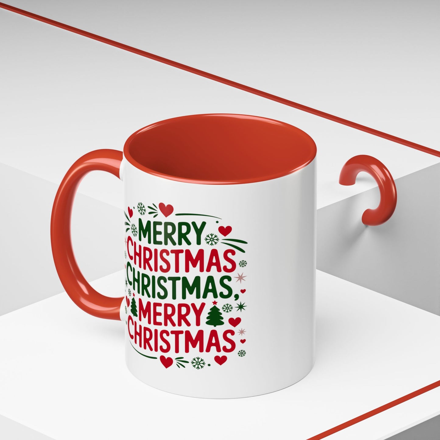 Christmas Mug - Merry Christmas Green & Red Text Trees Hearts Snowflakes Stars