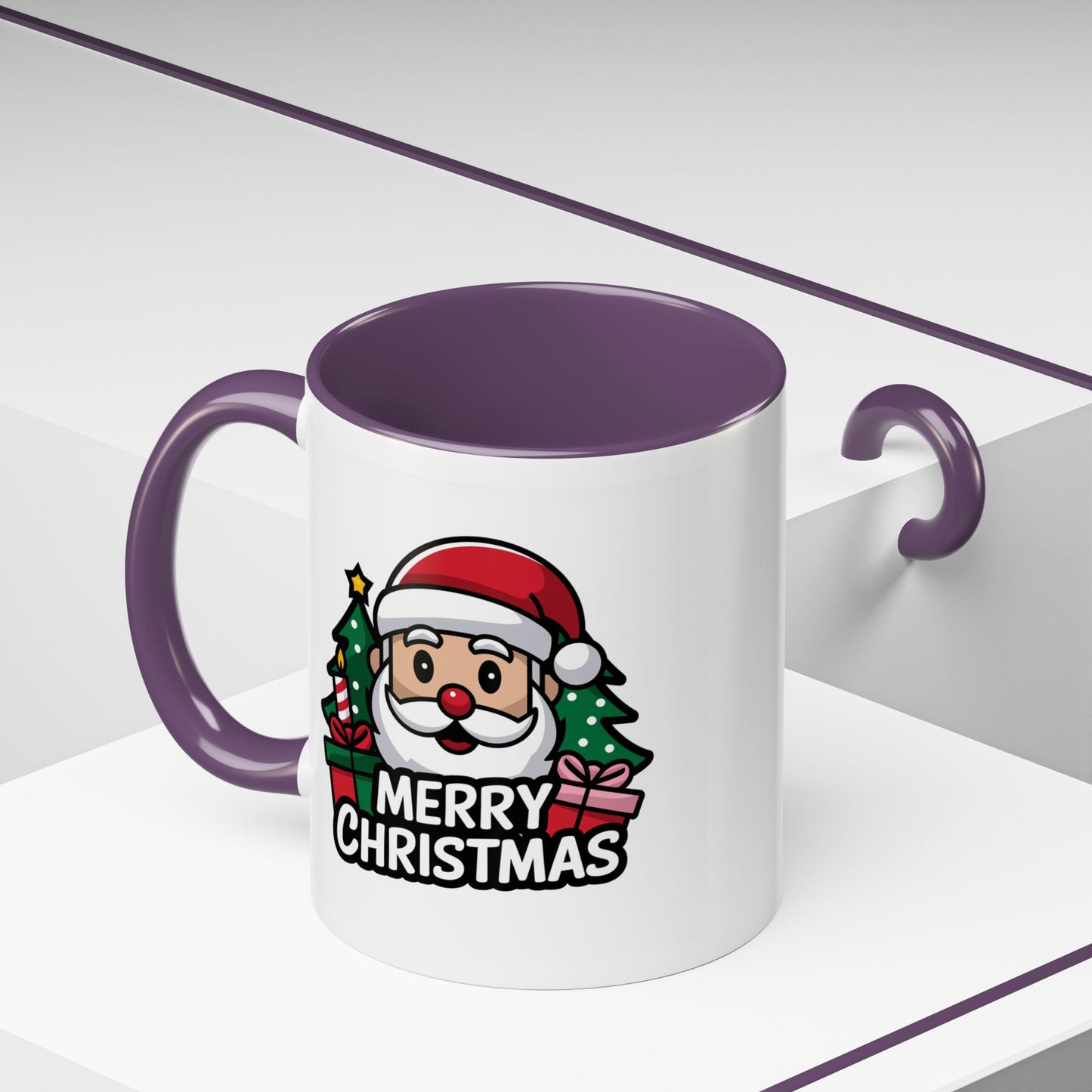 Christmas Mug - Merry Christmas White & Black Text Santa Trees Presents
