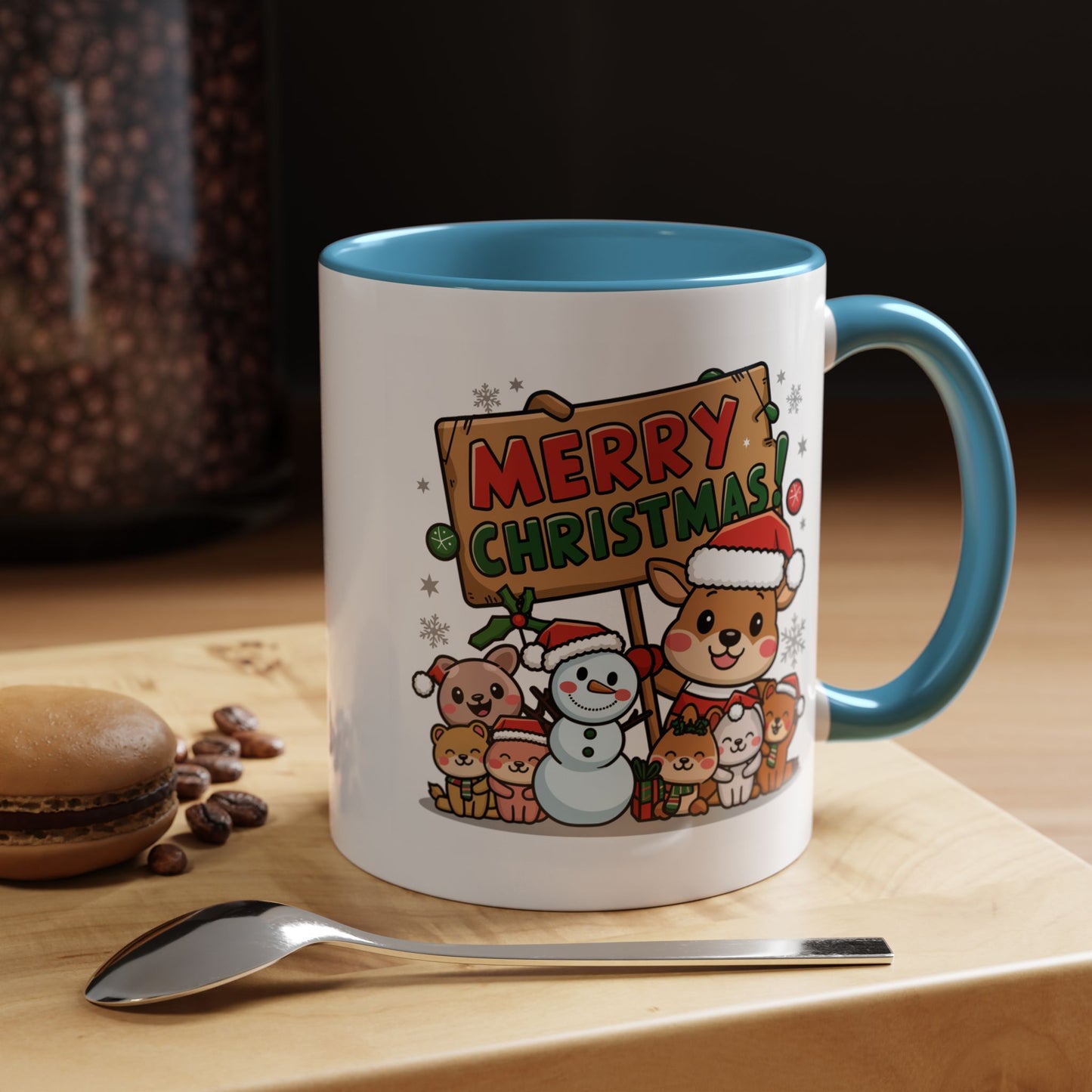 Christmas Mug - Merry Christmas Red & Green Text Reindeer Snowman