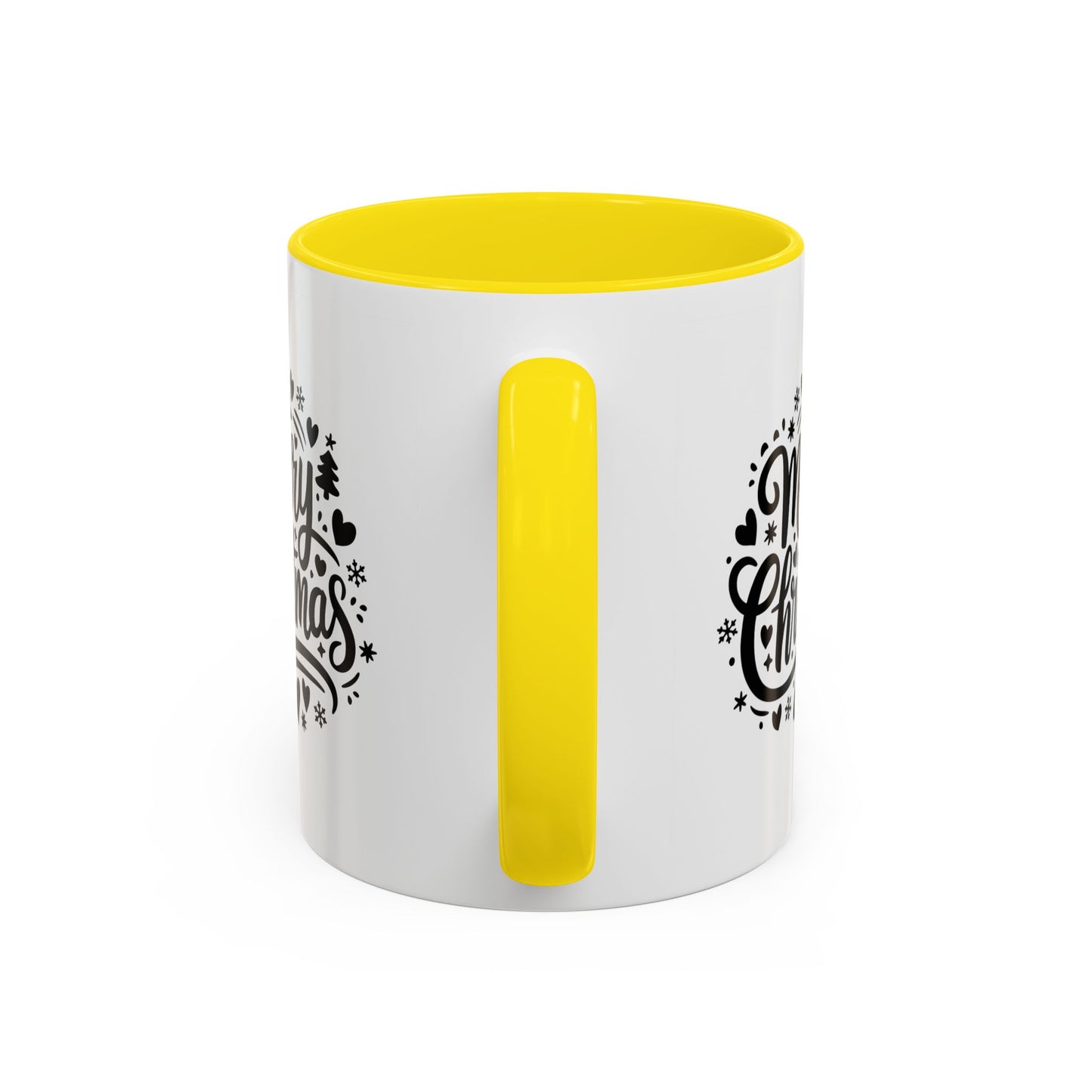 Christmas Mug - Merry Christmas Black Text Trees Snowflakes Hearts