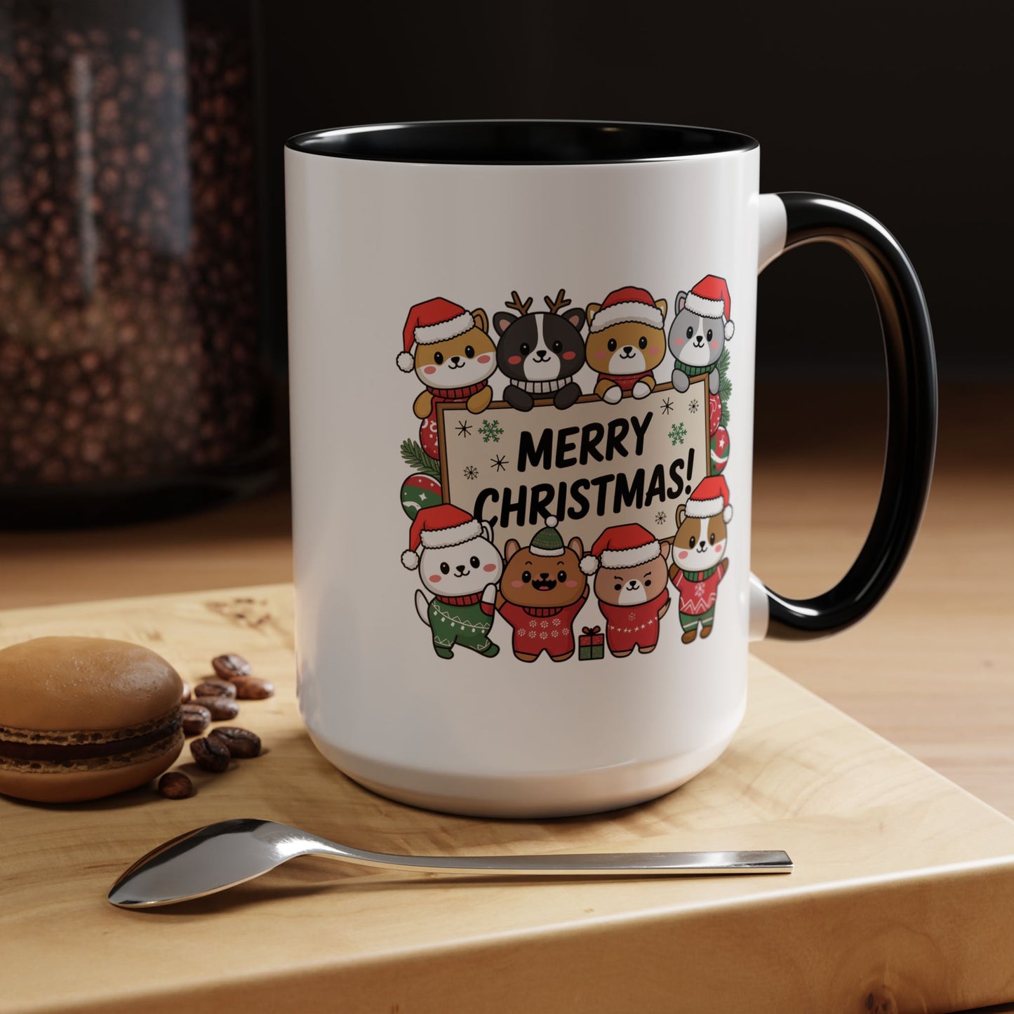 Christmas Mug - Merry Christmas Black Text Cute Animals