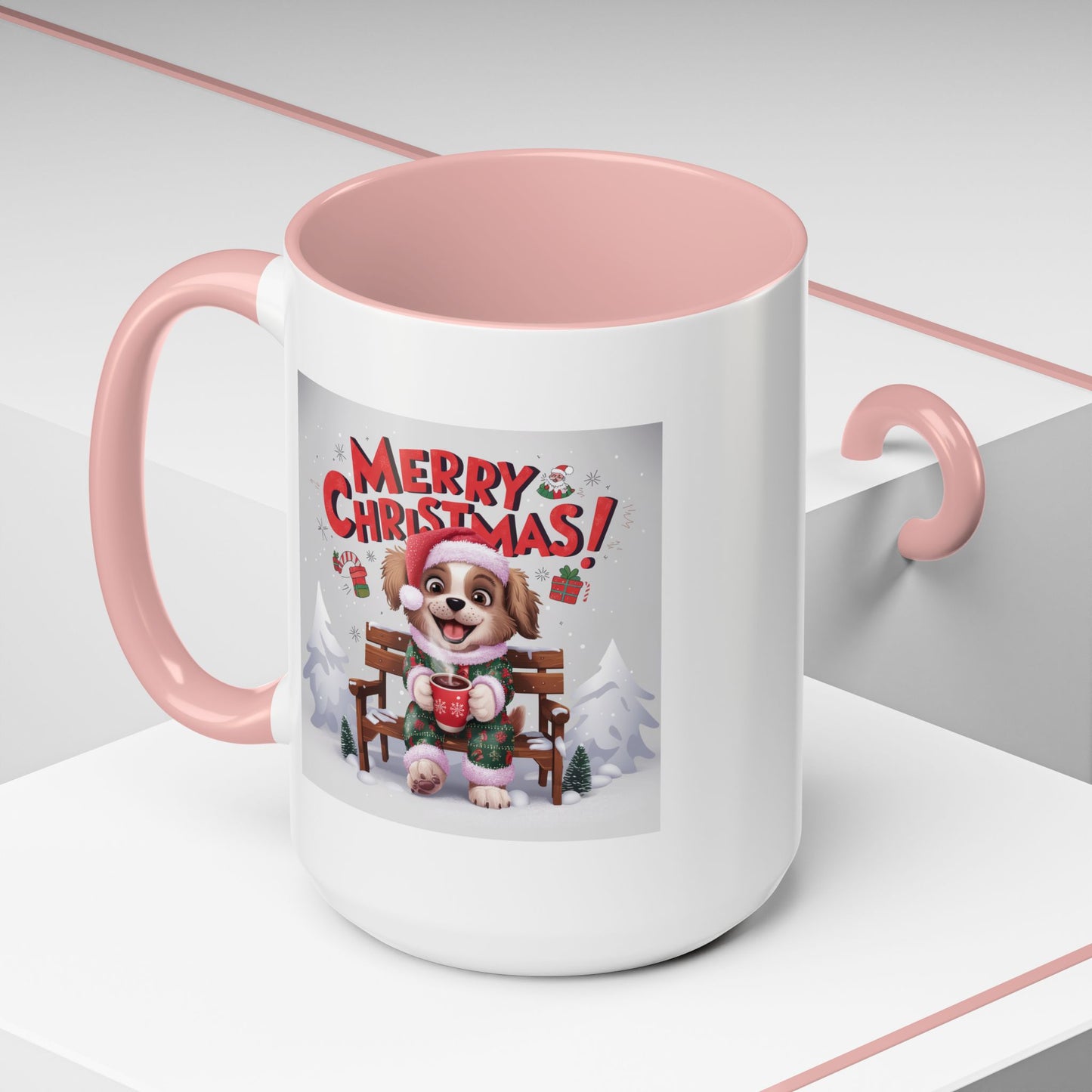 Christmas Mug - Merry Christmas Red Text Puppy Green & Red Top