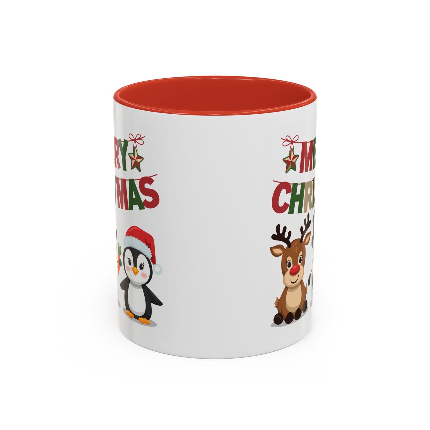 Christmas Mug - Red Green & Gold Text Reindeer Snowman Penguin
