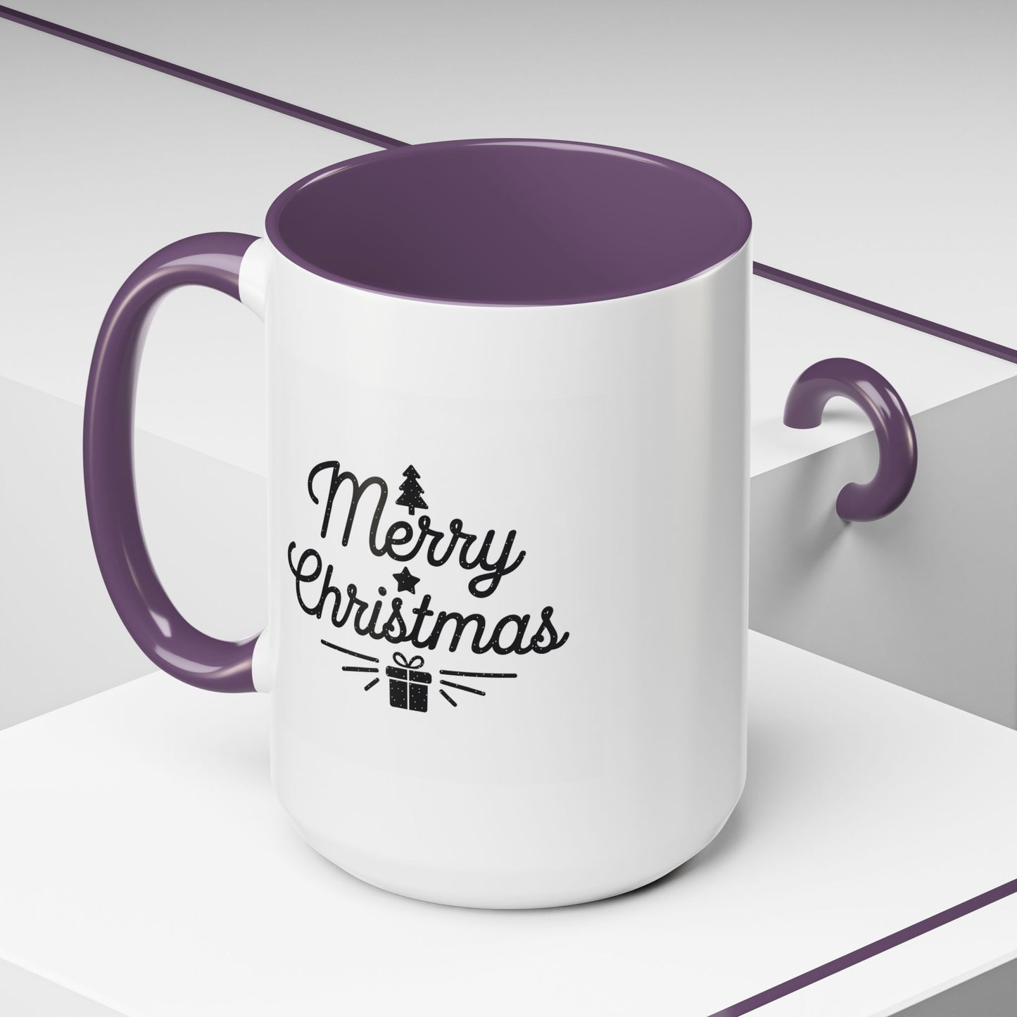 Christmas Mug - Merry Christmas Black Text Tree Star Present