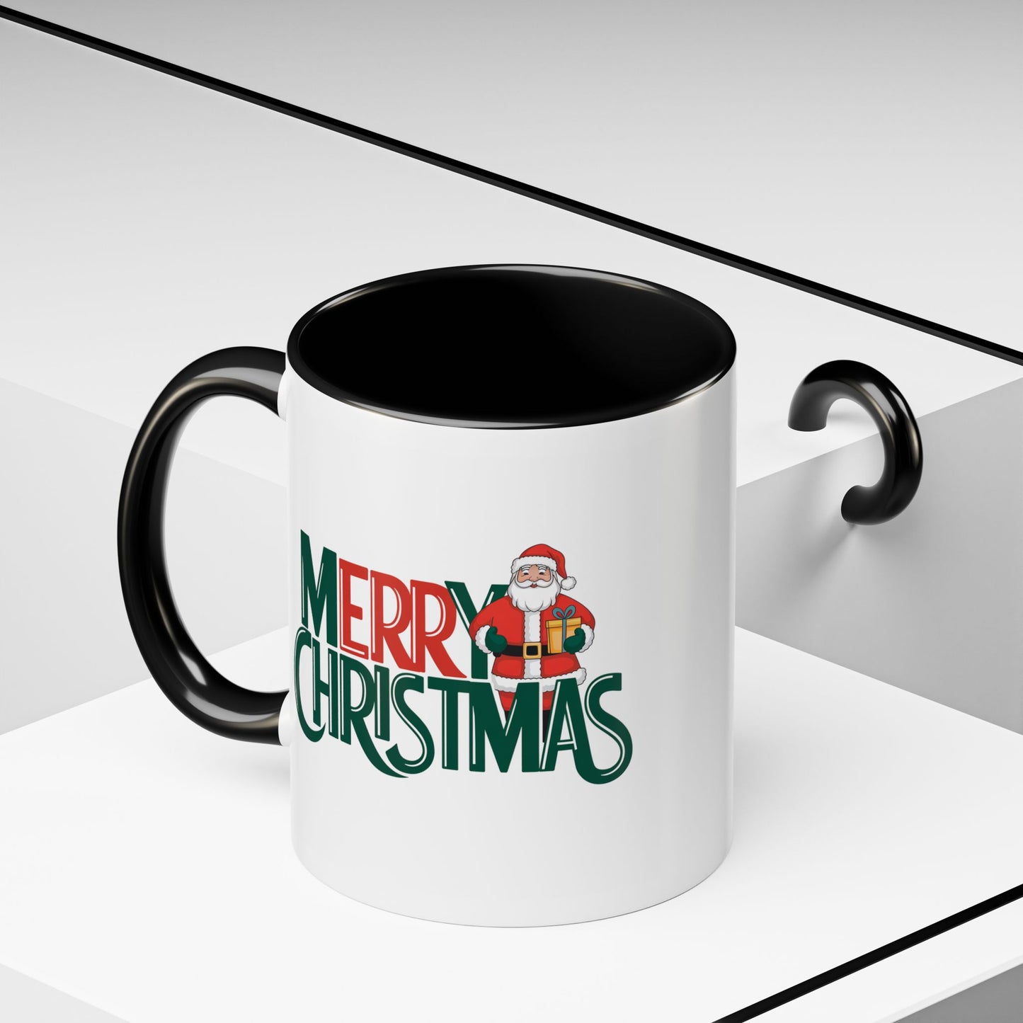 Christmas Mug - Merry Christmas Green & Red Text Santa Present