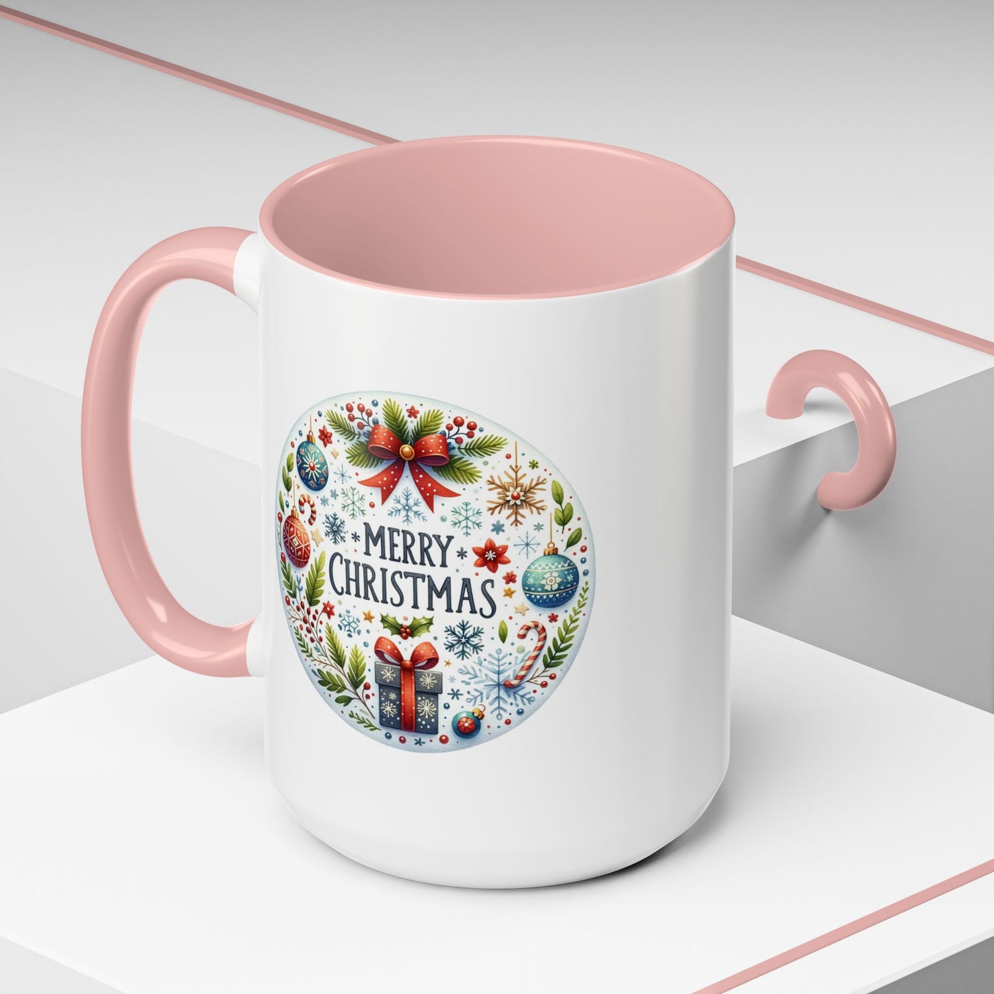 Christmas Mug - Merry Christmas Blue Text Bow Present Ornaments
