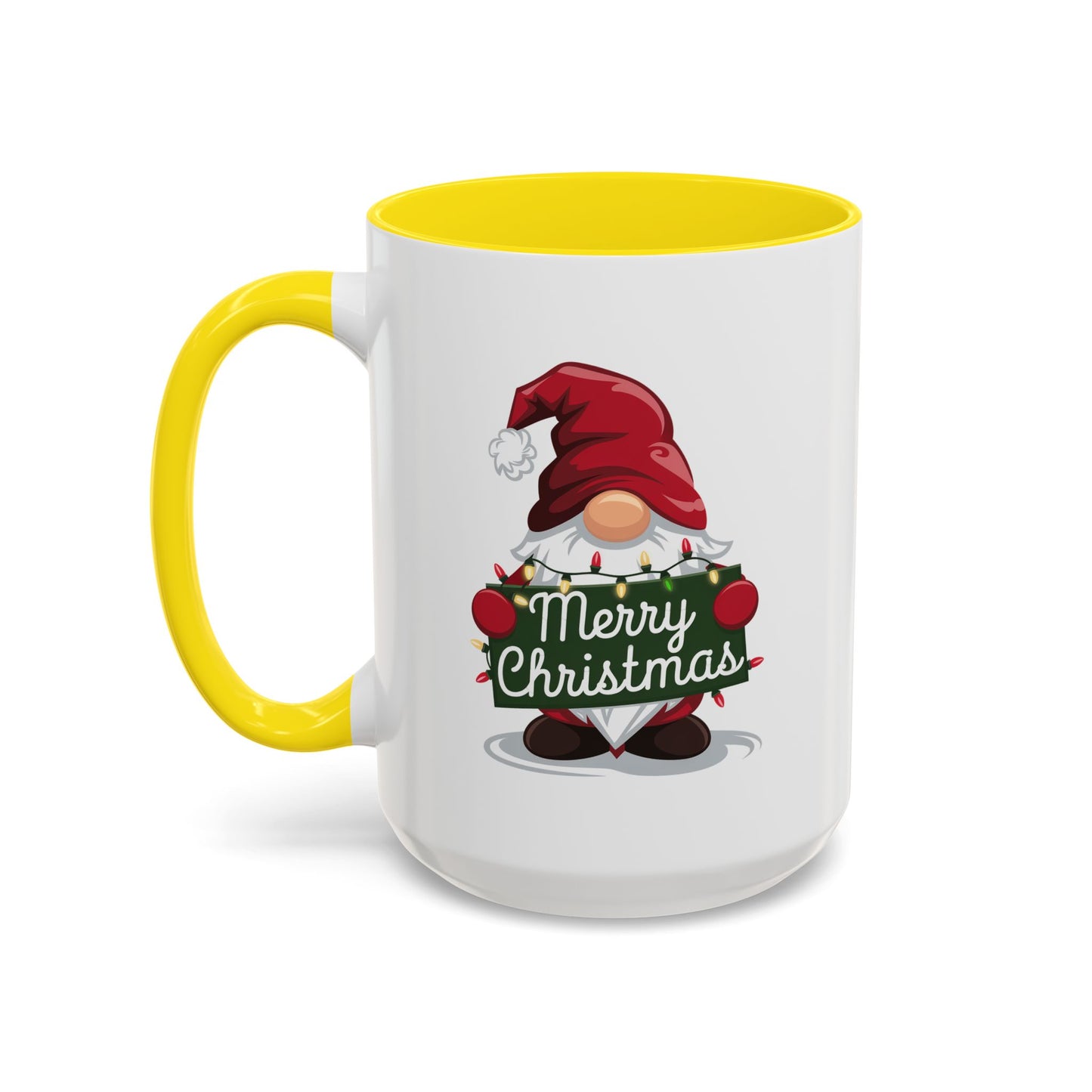 Christmas Mug - Merry Christmas White & Green Text Gnome Lights