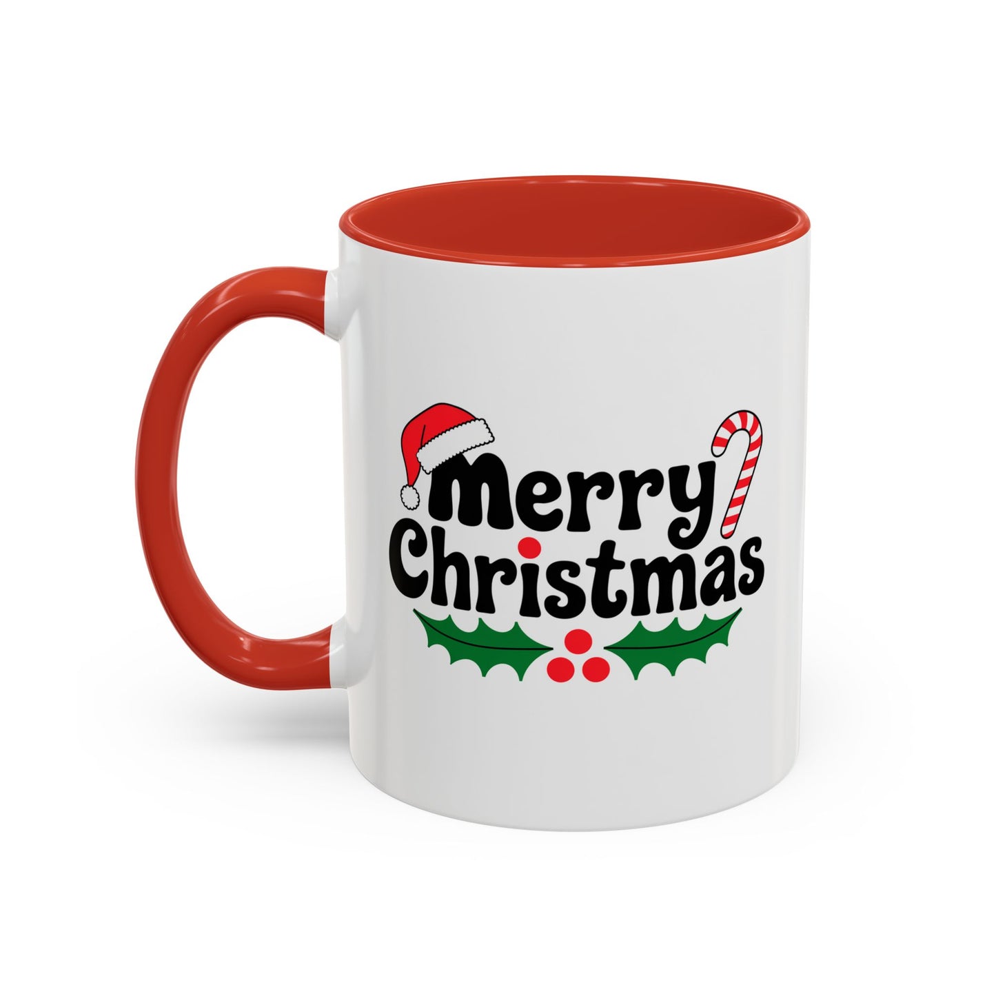 Christmas Mug - Merry Christmas Black Text Hat Cane Misletoe