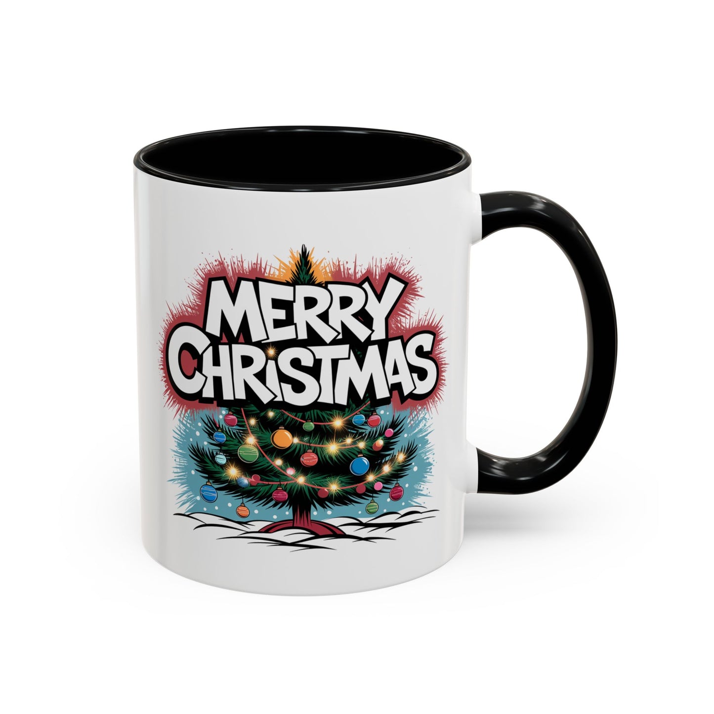 Christmas Mug - Merry Christmas White & Red Text Tree Lights