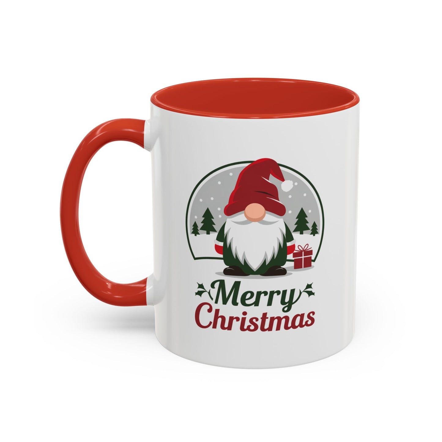 Christmas Mug - Merry Christmas Green & Red Text Gnome Present Trees