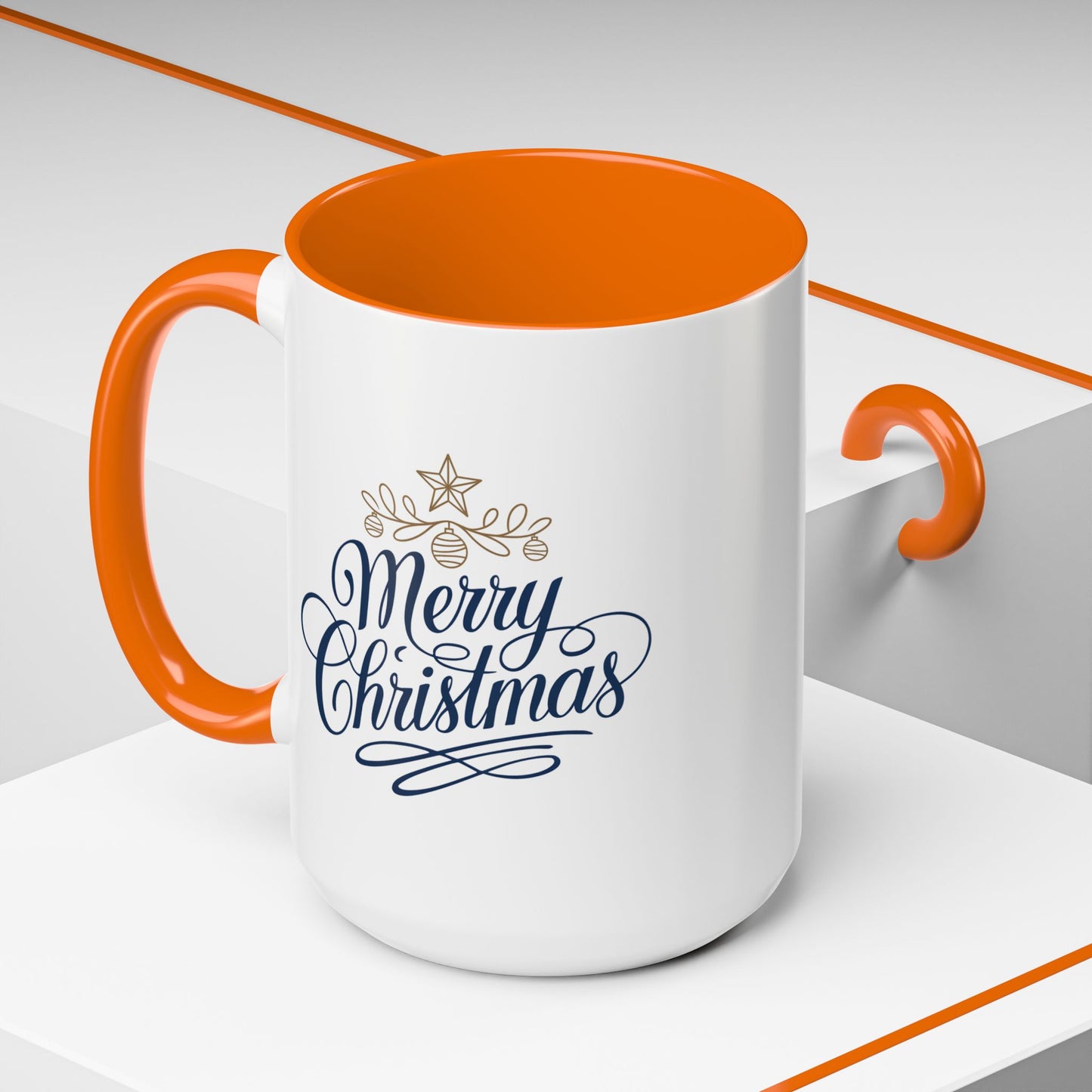 Christmas Mug - Merry Christmas Blue Text Gold Ornaments