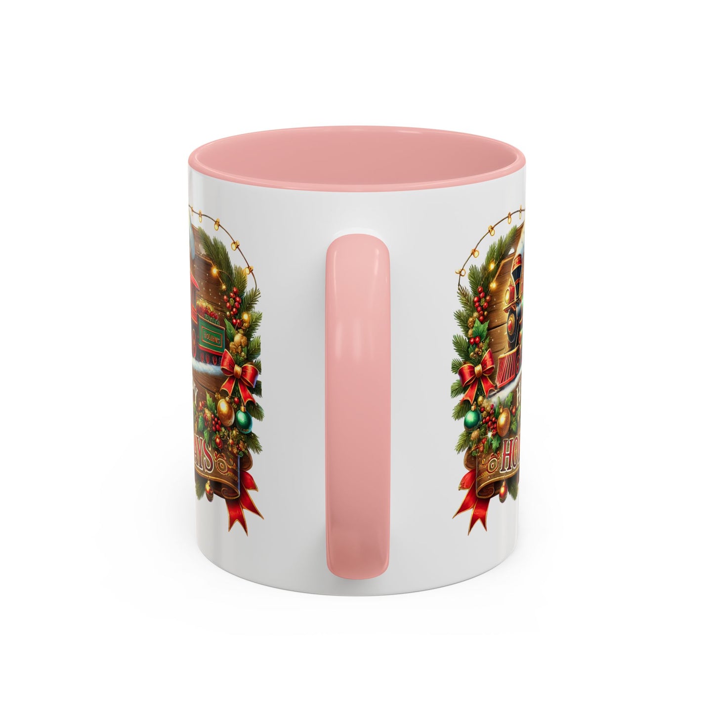 Christmas Mug - Happy Holidays White & Red Text Steam Locomotive