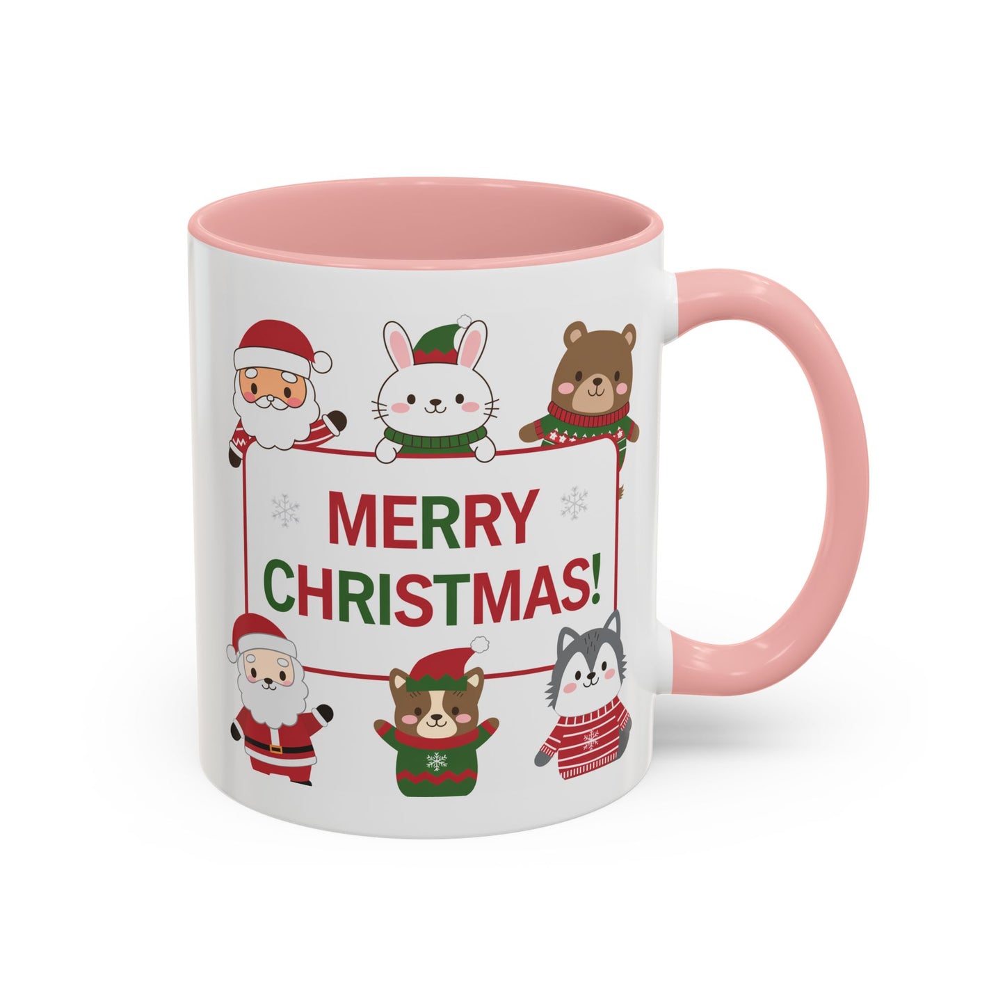 Christmas Mug - Merry Christmas Red & Green Text Santa Cute Animals