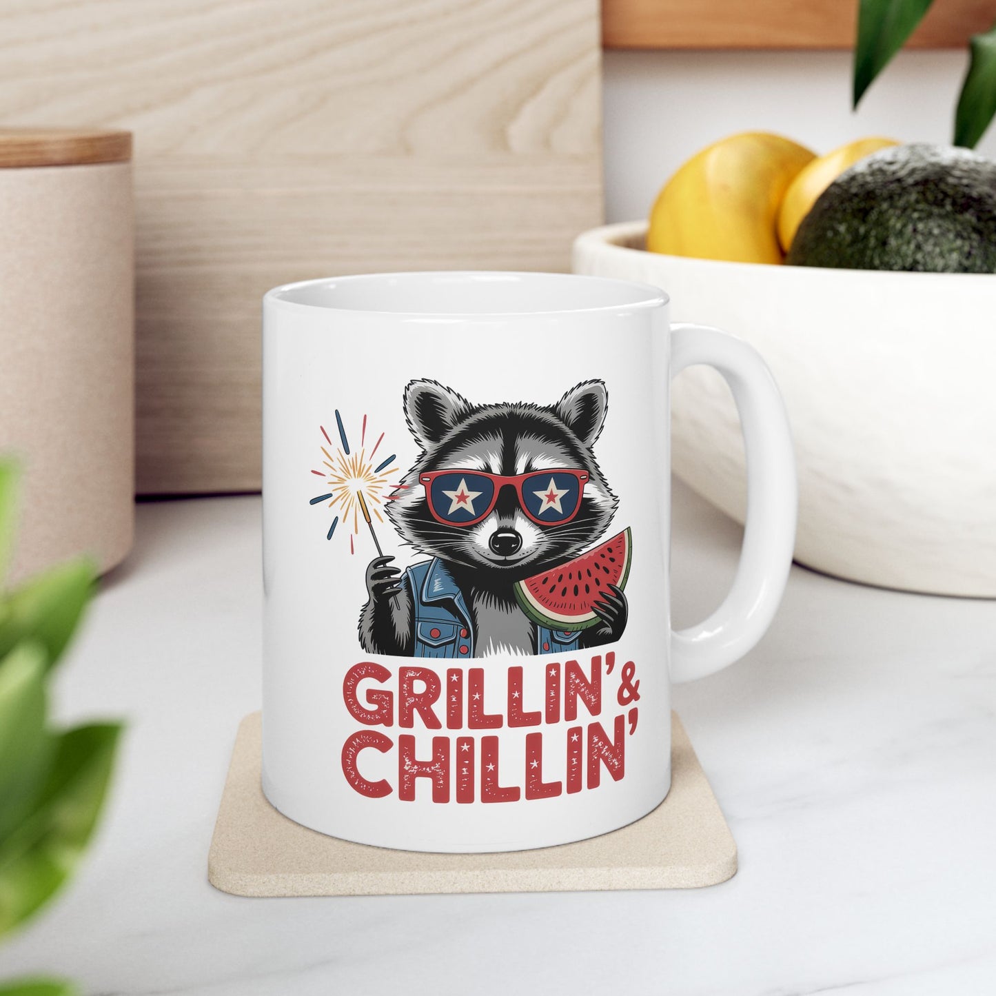 4th of July Mug - Grillin' & Chillin' Racoon