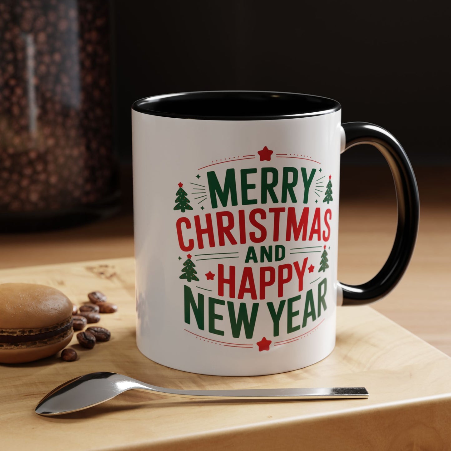 Christmas Mug - Merry Christmas and a Happy New Year Green & Red Text Trees Stars
