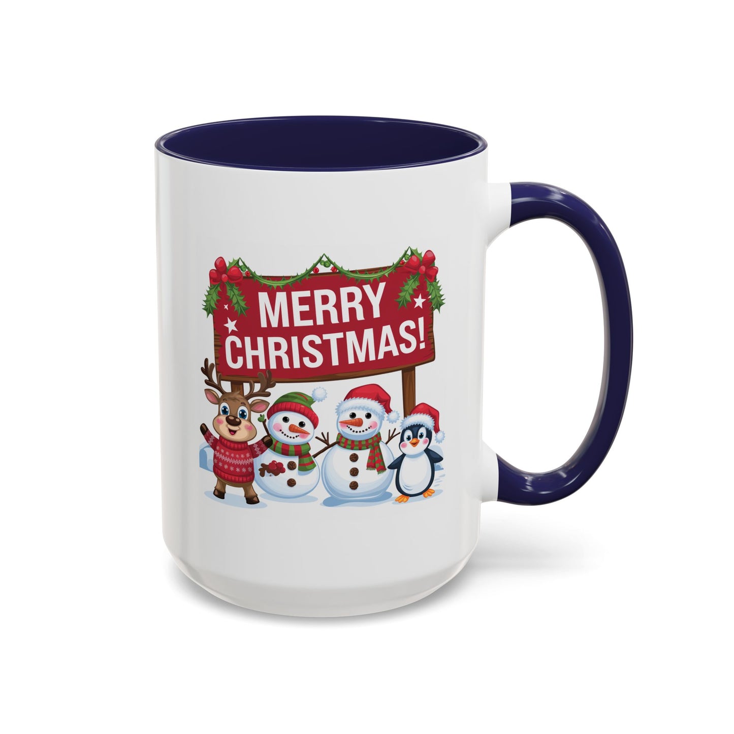 Christmas Mug - Merry Christmas White Text Reindeer Snowmen Penguin