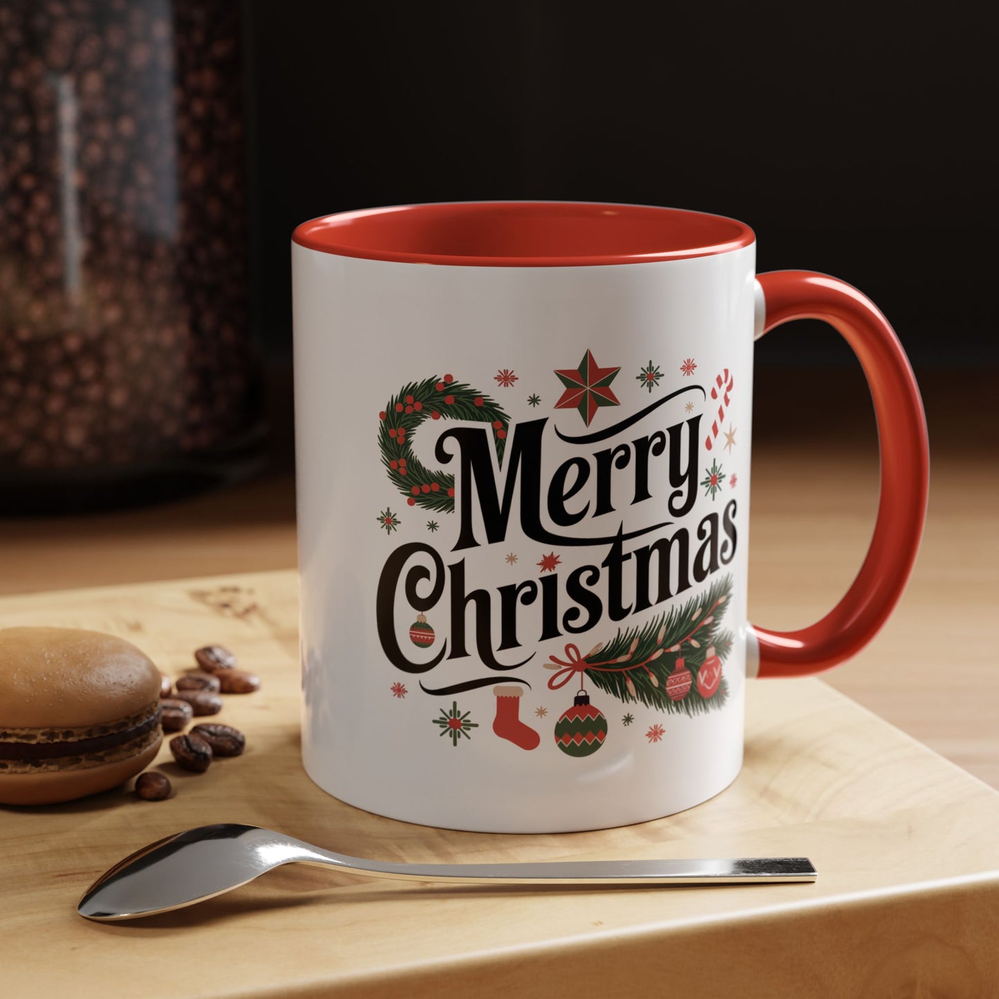 Christmas Mug - Merry Christmas Black Text Star Stocking Ornament Candy Cane