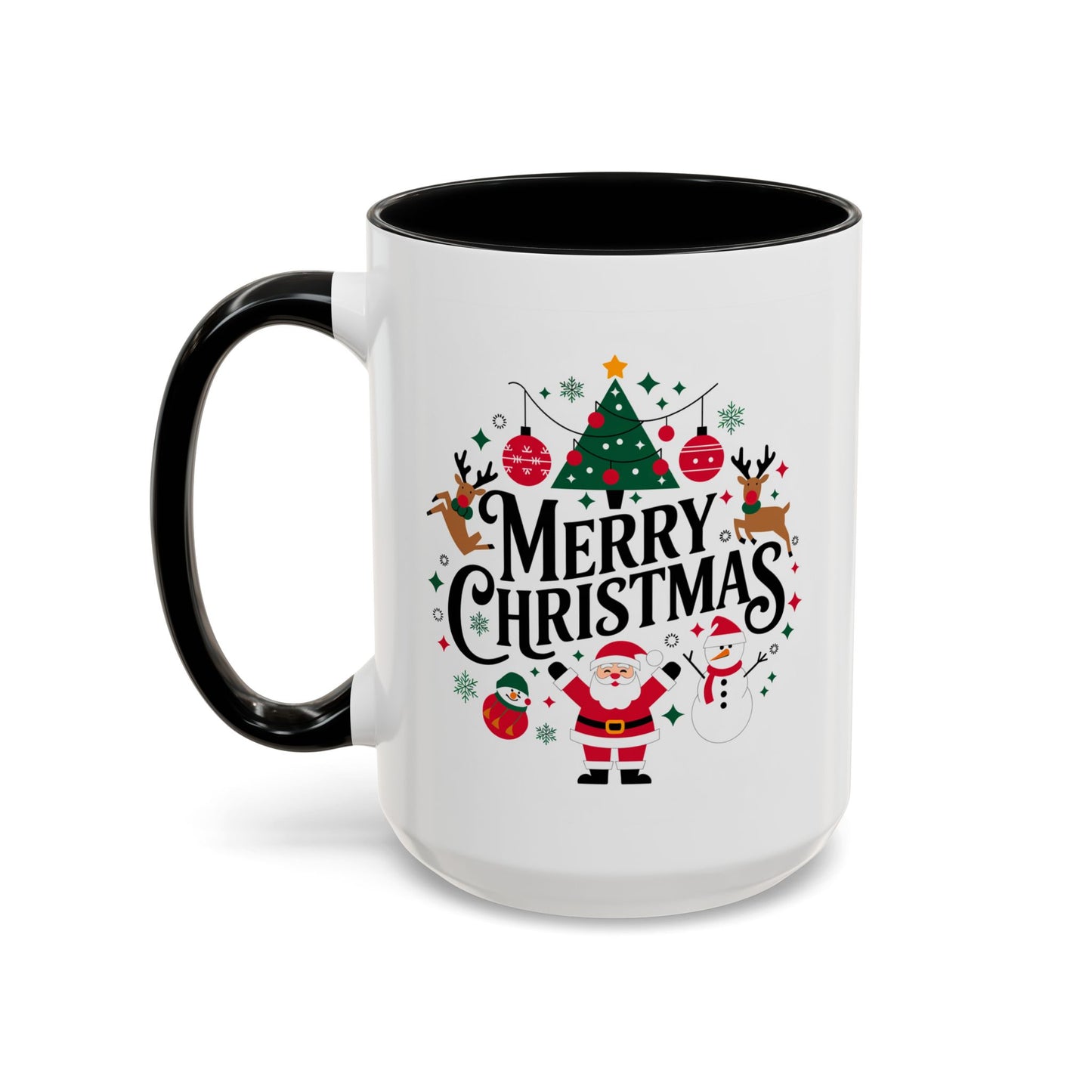 Christmas Mug - Merry Christmas Black Text Santa Reindeer Snowmen Ornaments