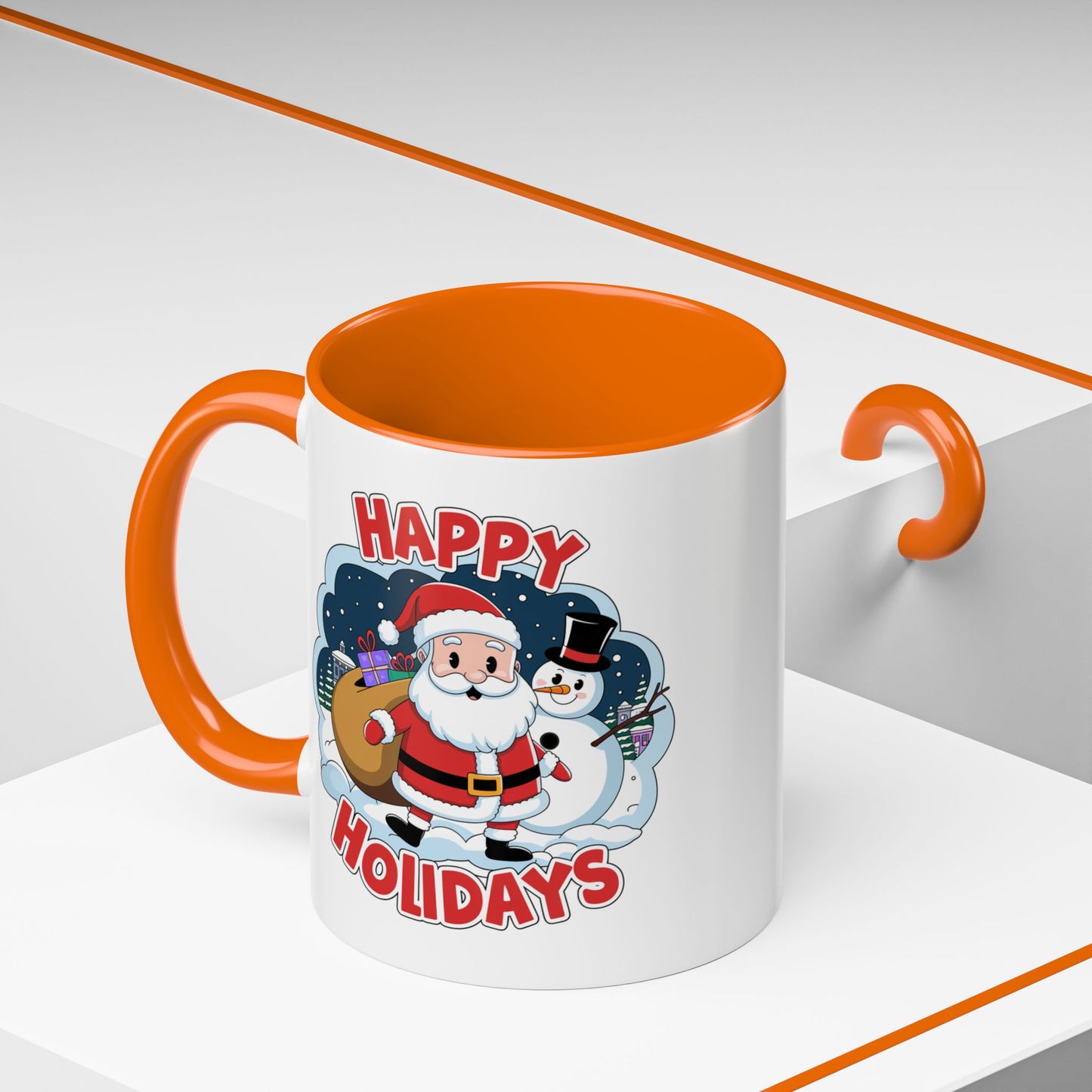 Christmas Mug - Happy Holidays Red & White Text Santa Snowman