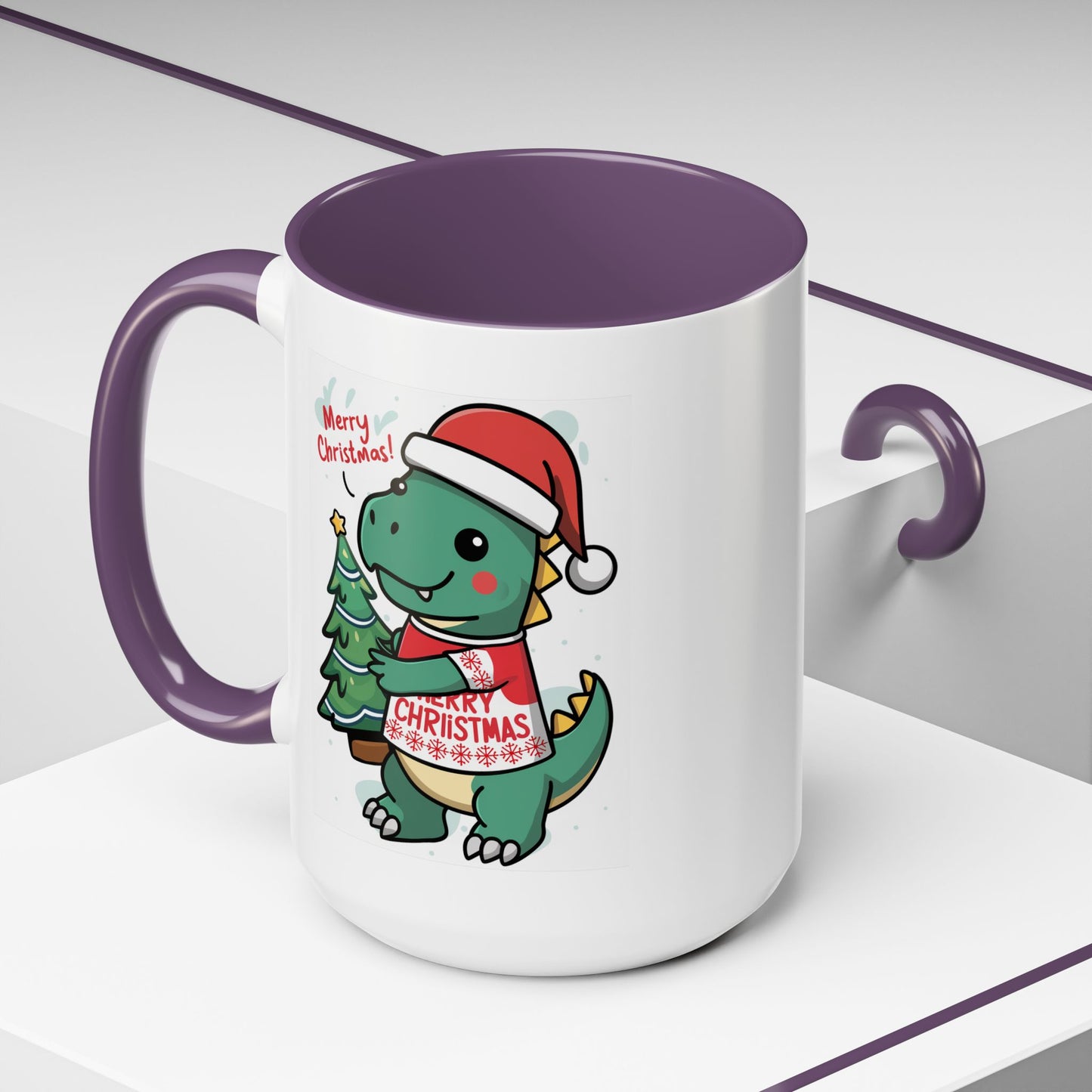 Christmas Mug - Merry Christmas Red Text Dinosaur Tree