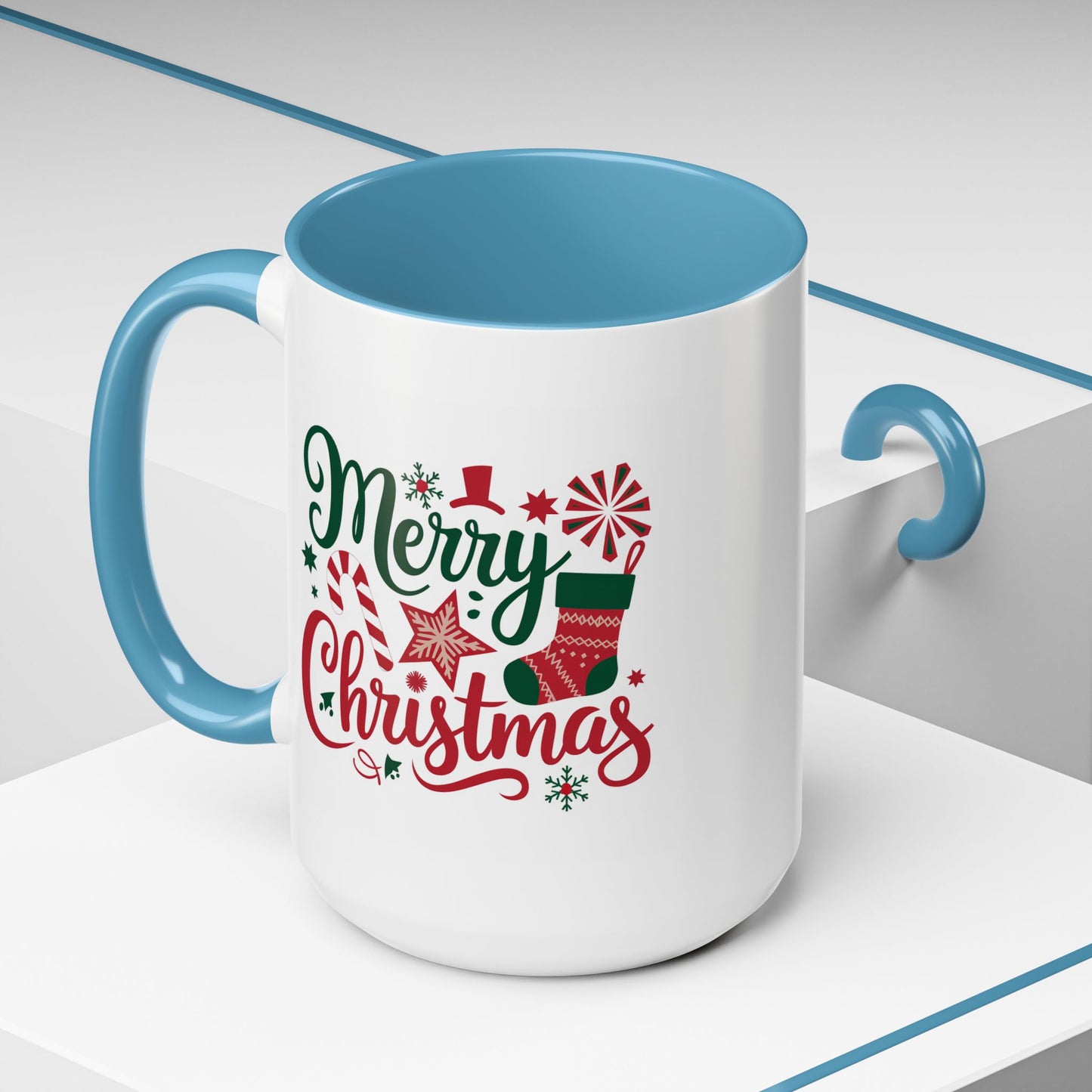 Christmas Mug - Merry Christmas Green & Red Text Star Candy Cane Stocking Snowflake