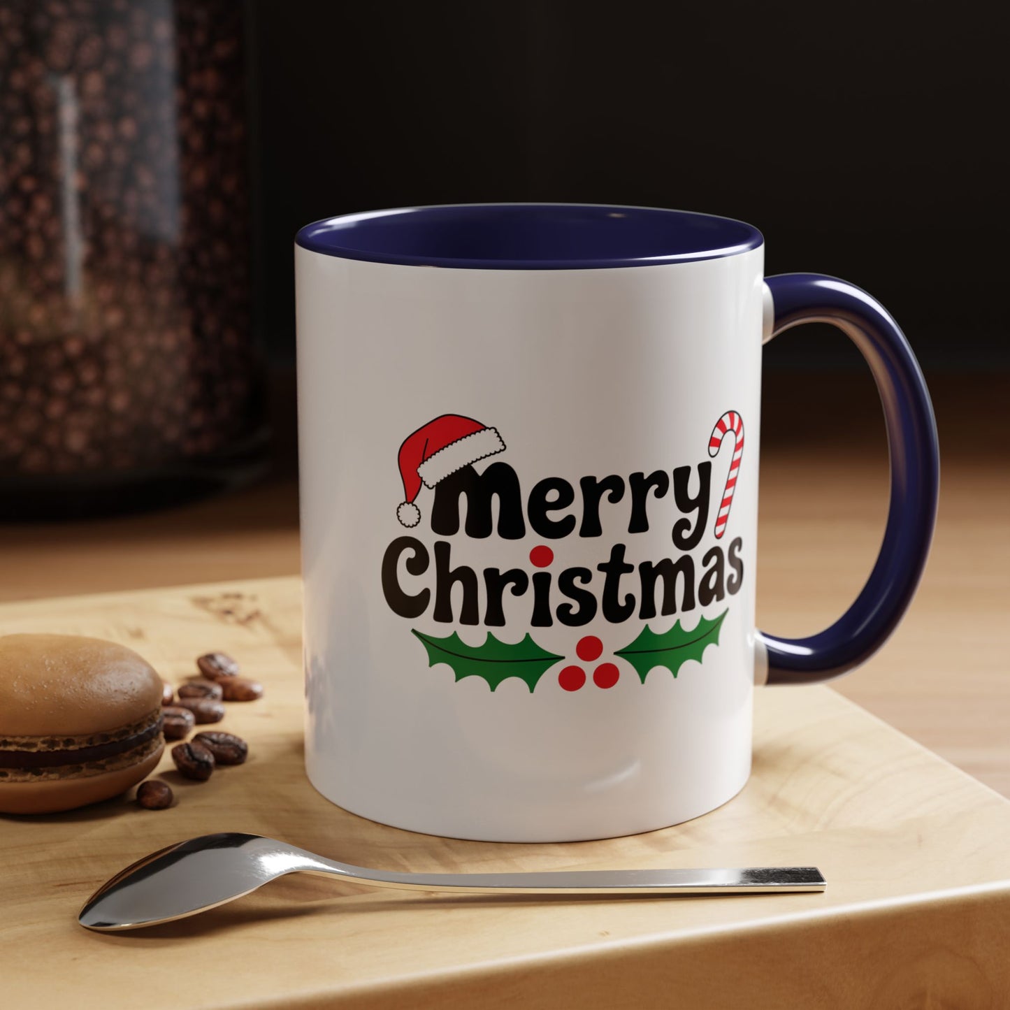 Christmas Mug - Merry Christmas Black Text Hat Cane Misletoe