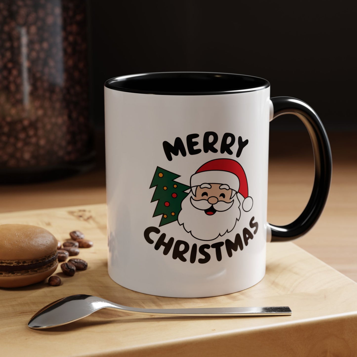 Christmas Mug - Merry Christmas Black Text Santa Tree