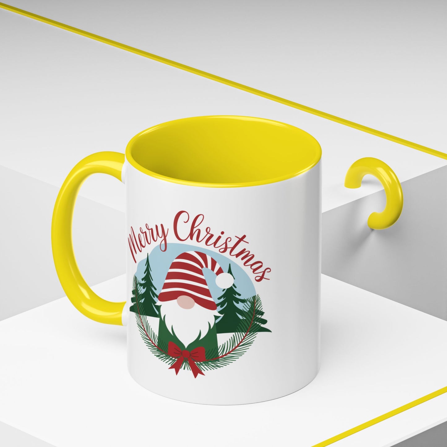 Christmas Mug - Merry Christmas Red Text Gnome Bow Tree