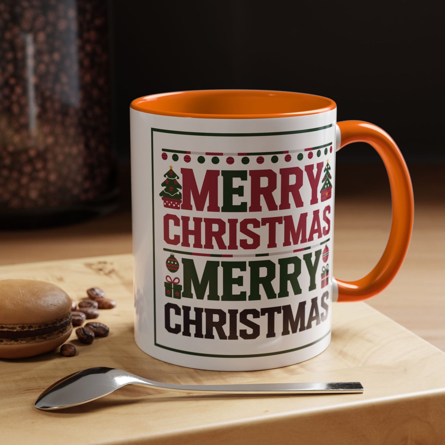 Christmas Mug - Merry Christmas Red Green & Black Text Trees Presents