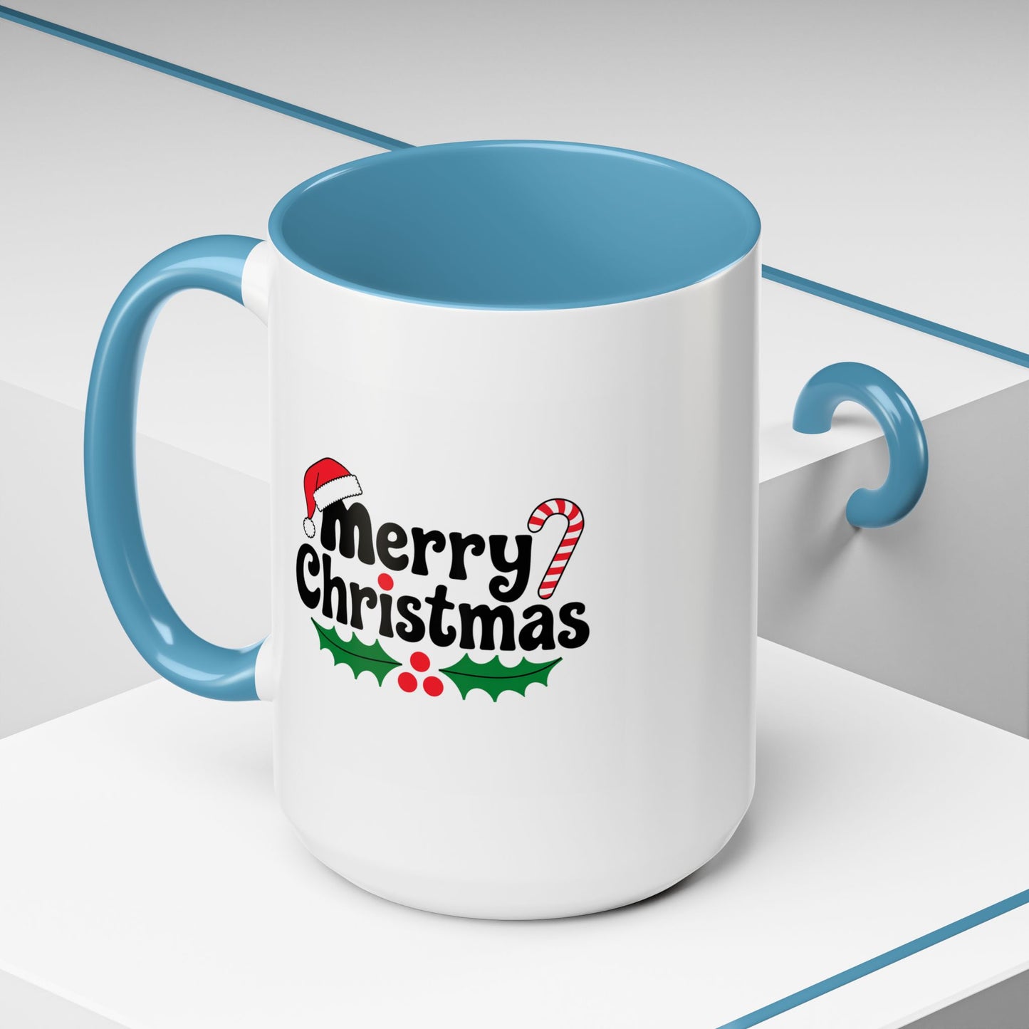 Christmas Mug - Merry Christmas Black Text Hat Cane Misletoe