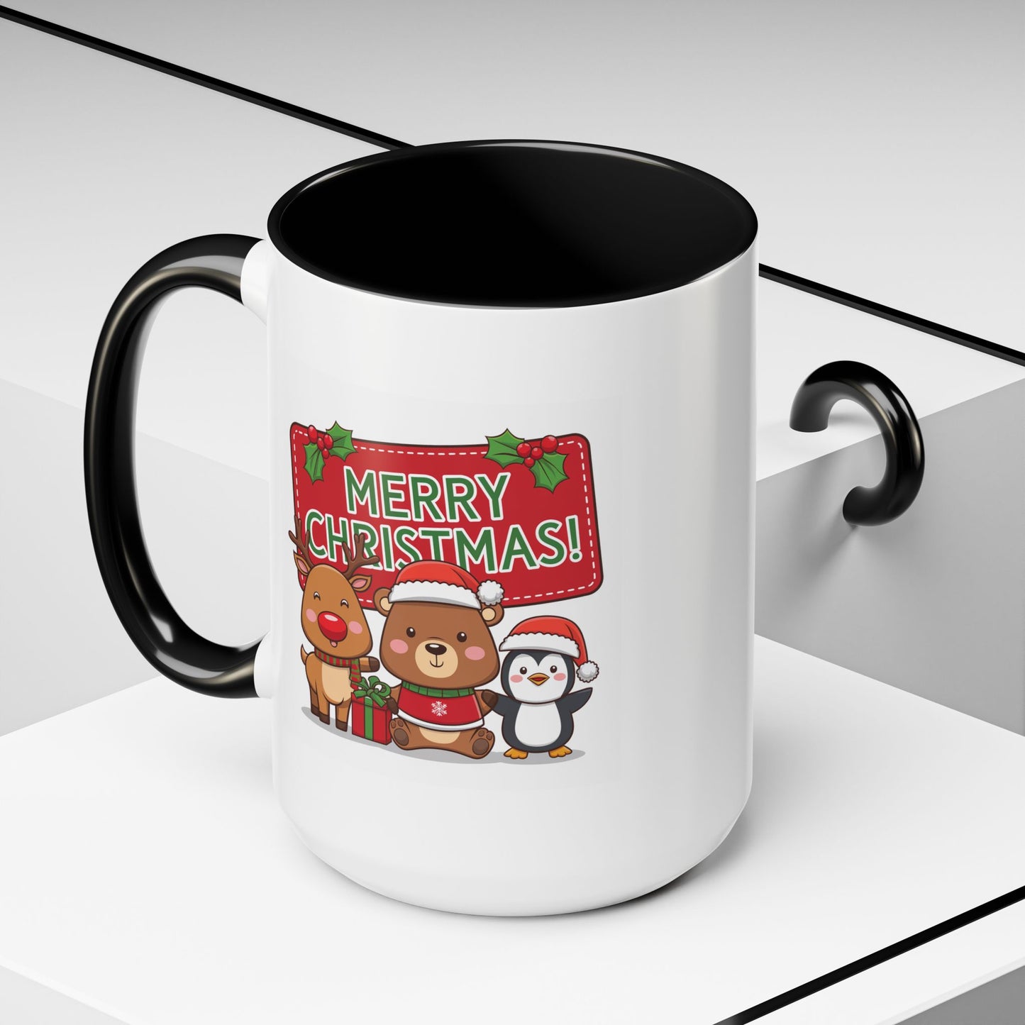 Christmas Mug - Green Text Red Banner Reindeer Bear Penguin