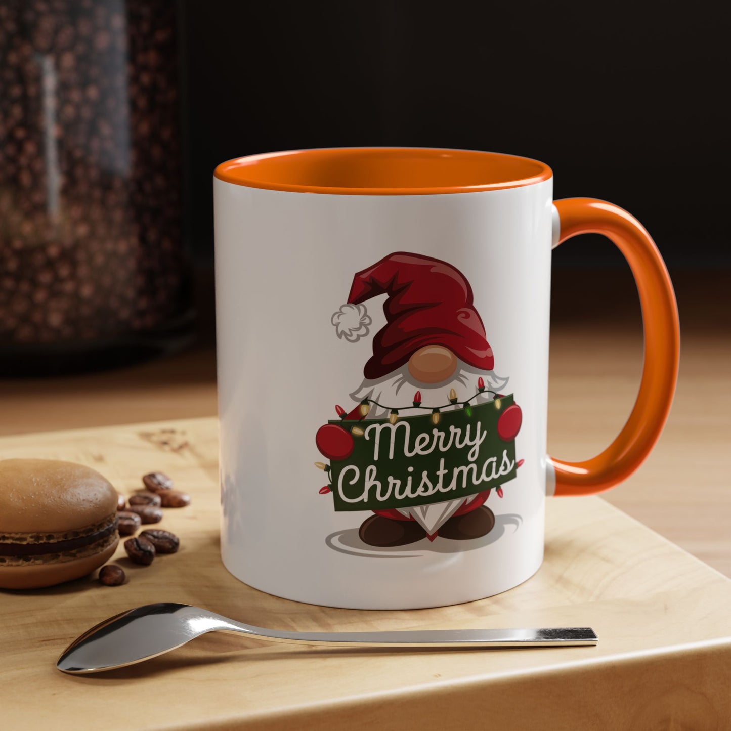 Christmas Mug - Merry Christmas White & Green Text Gnome Lights