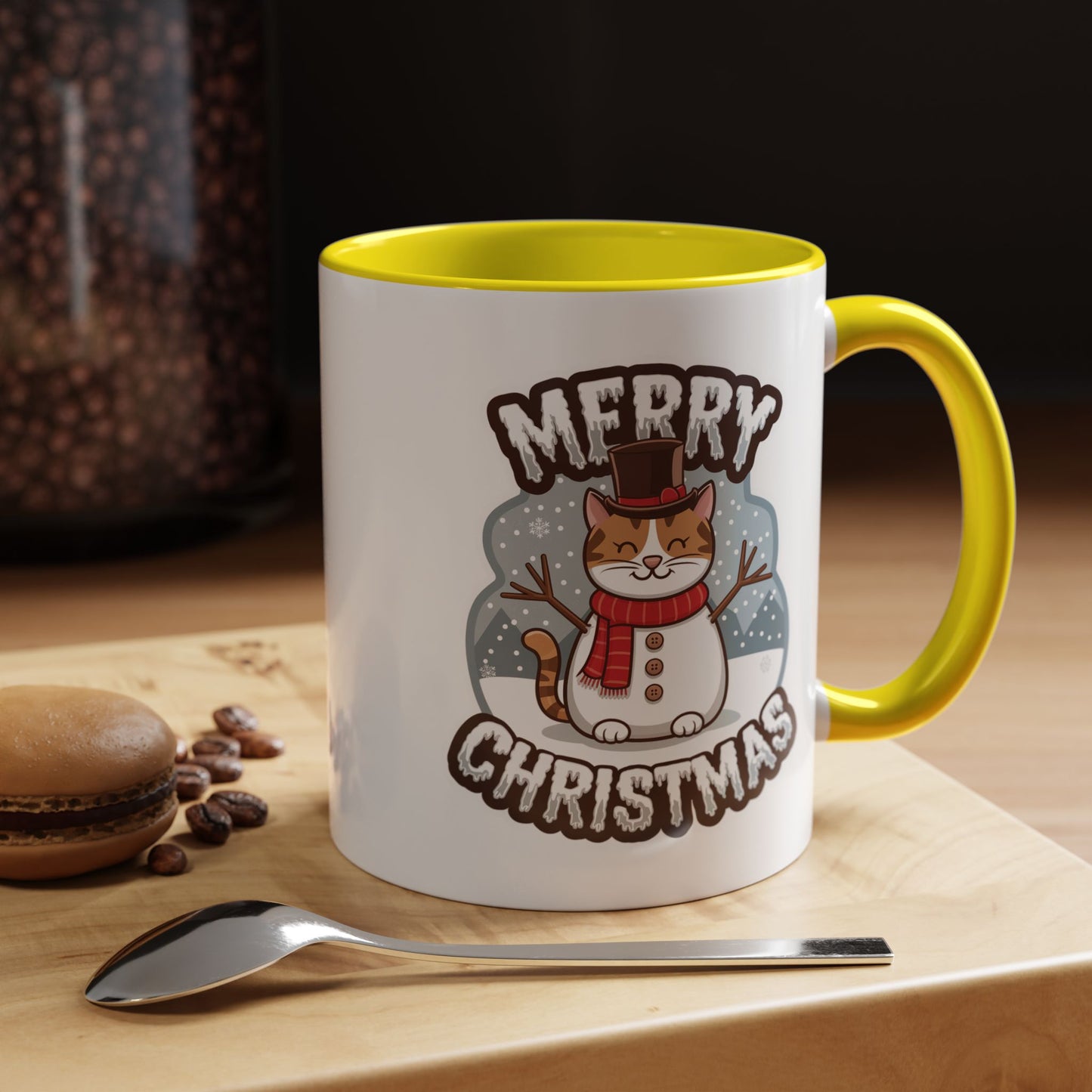 Christmas Mug - Merry Christmas Black & White Text Snowman Cat
