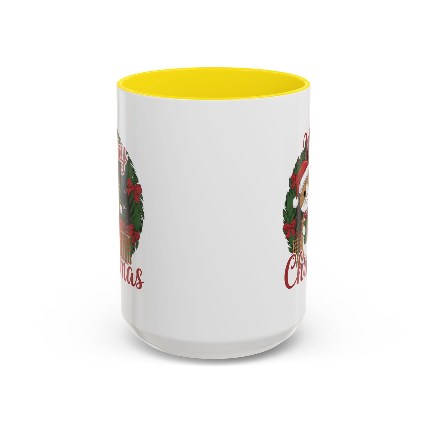 Christmas Mug - Merry Christmas Red Text Cat Presents Wreath