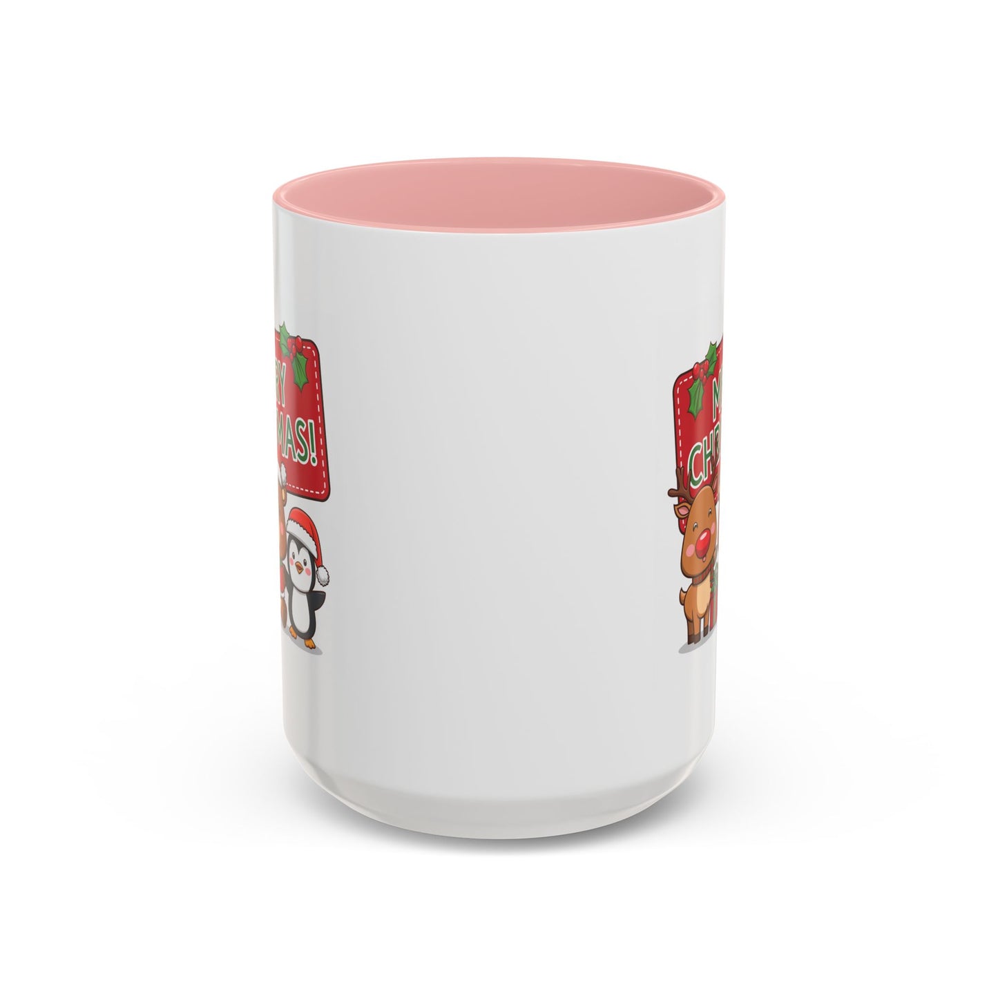 Christmas Mug - Green Text Red Banner Reindeer Bear Penguin