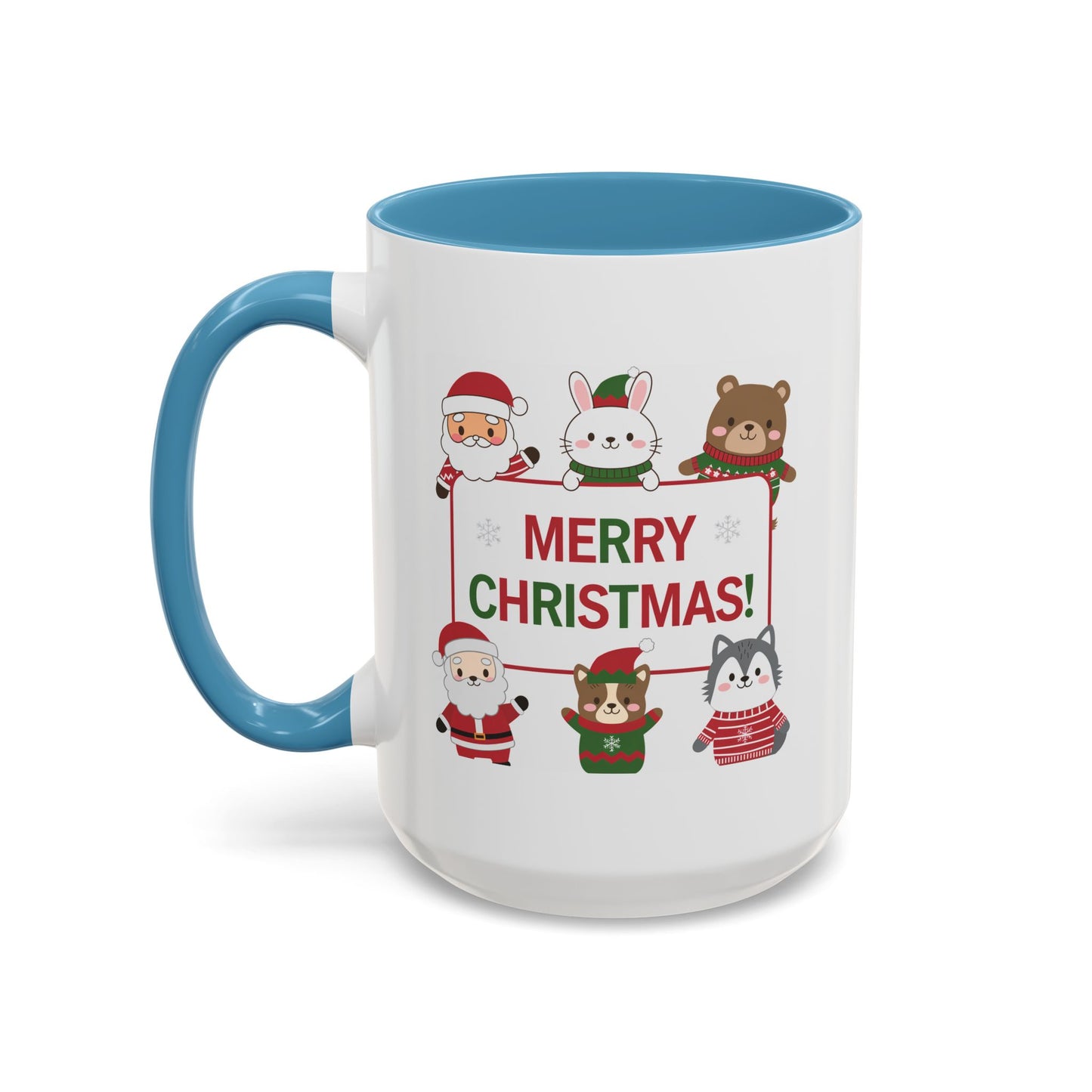Christmas Mug - Merry Christmas Red & Green Text Santa Cute Animals