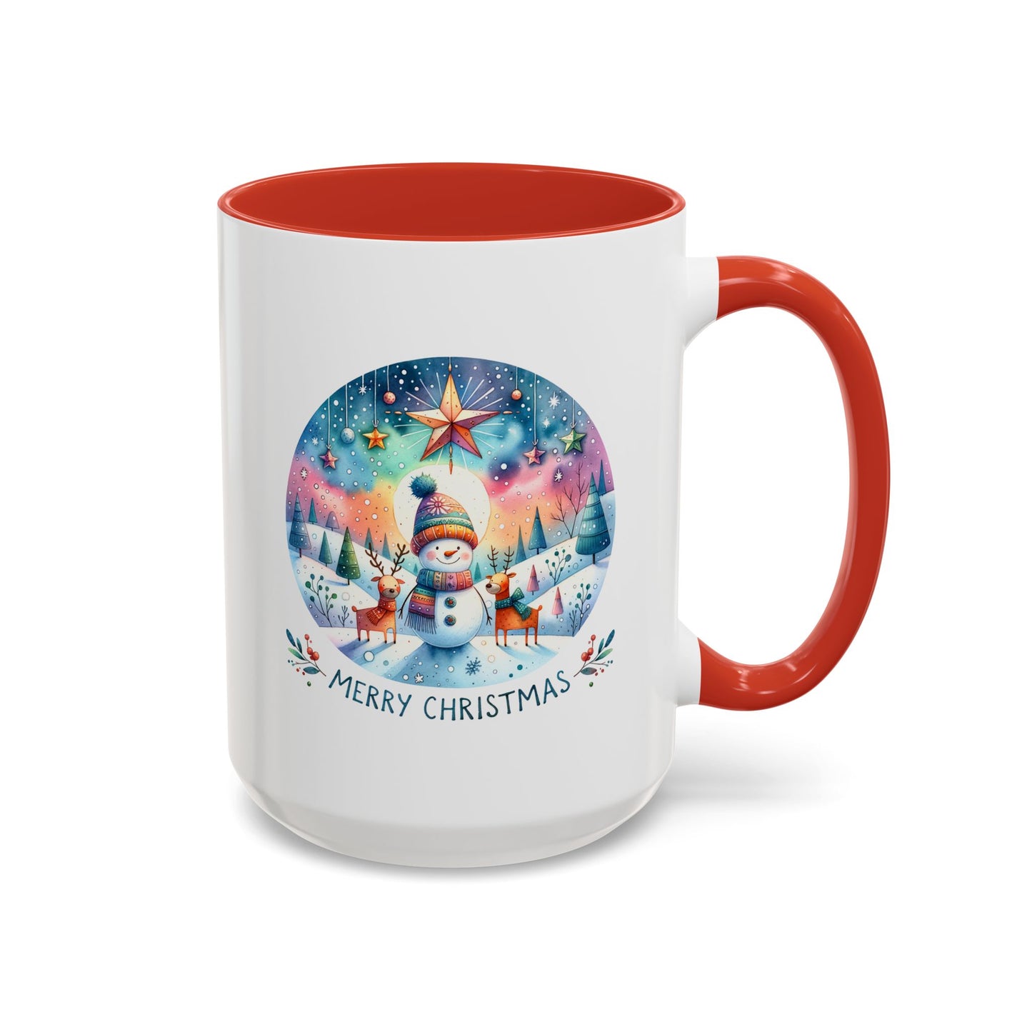 Christmas Mug - Merry Christmas Blue Text Snowman Star Reindeer