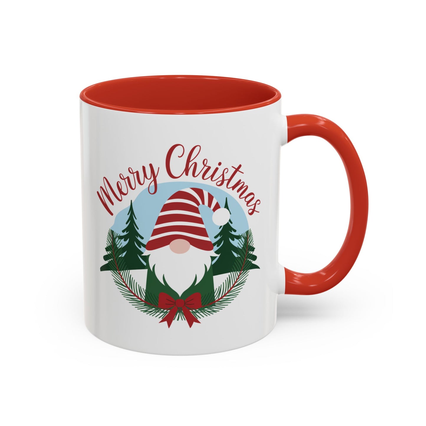Christmas Mug - Merry Christmas Red Text Gnome Bow Tree