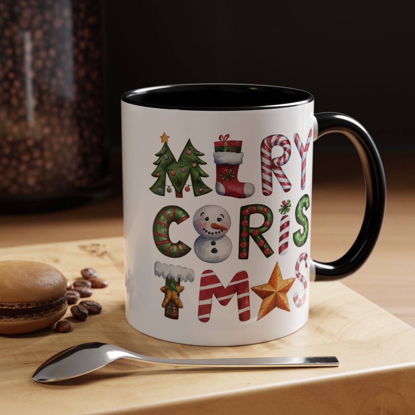 Christmas Mug - Merry Christmas Green Red & Gold Patterned Text