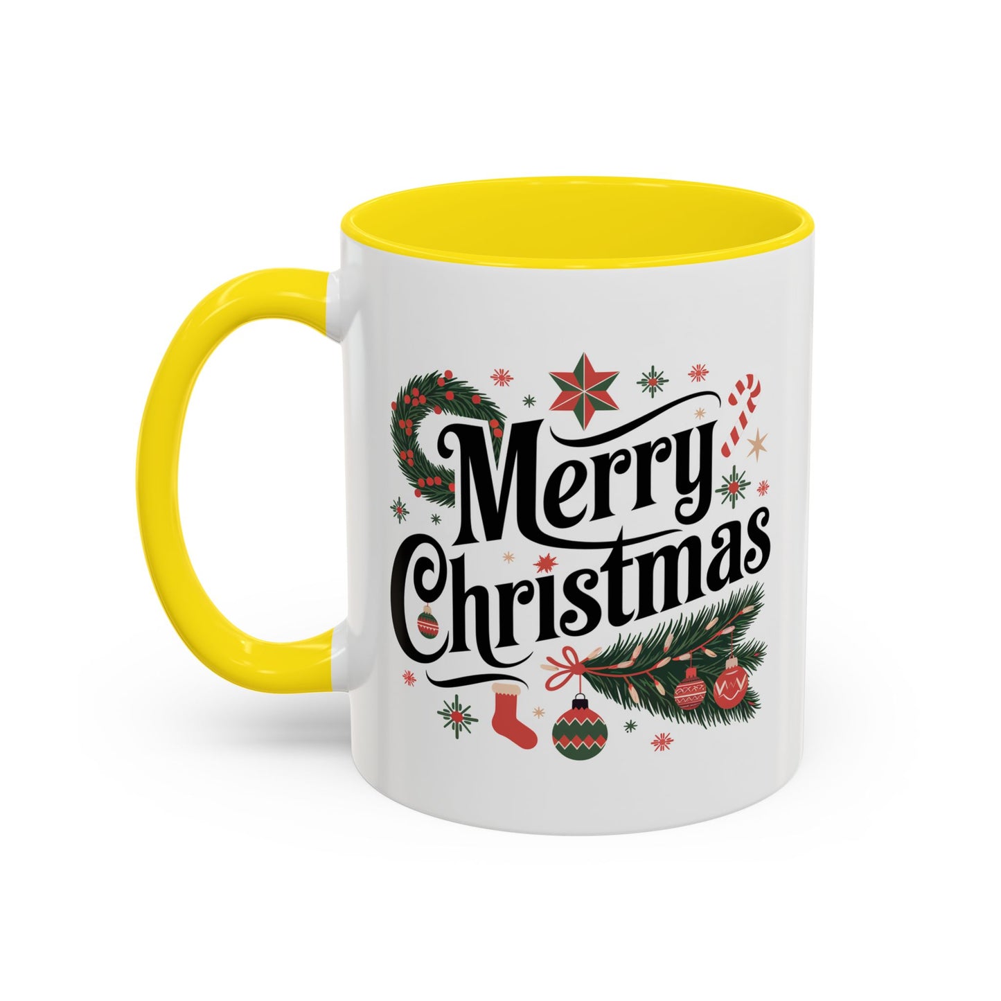 Christmas Mug - Merry Christmas Black Text Star Stocking Ornament Candy Cane