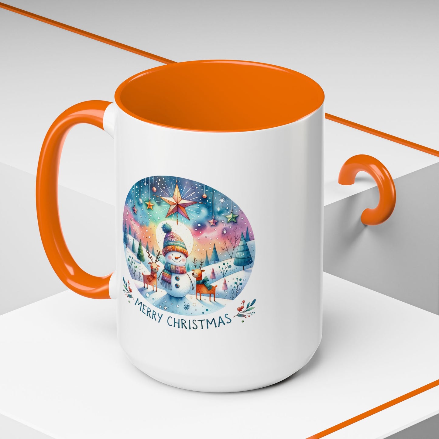 Christmas Mug - Merry Christmas Blue Text Snowman Star Reindeer
