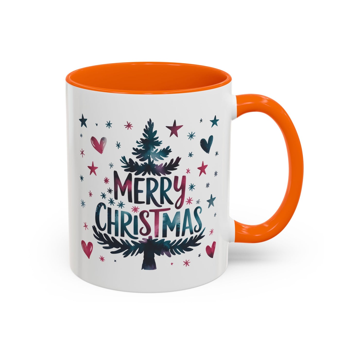 Christmas Mug - Merry Christmas Maroon & Blue Text Tree Hearts Stars