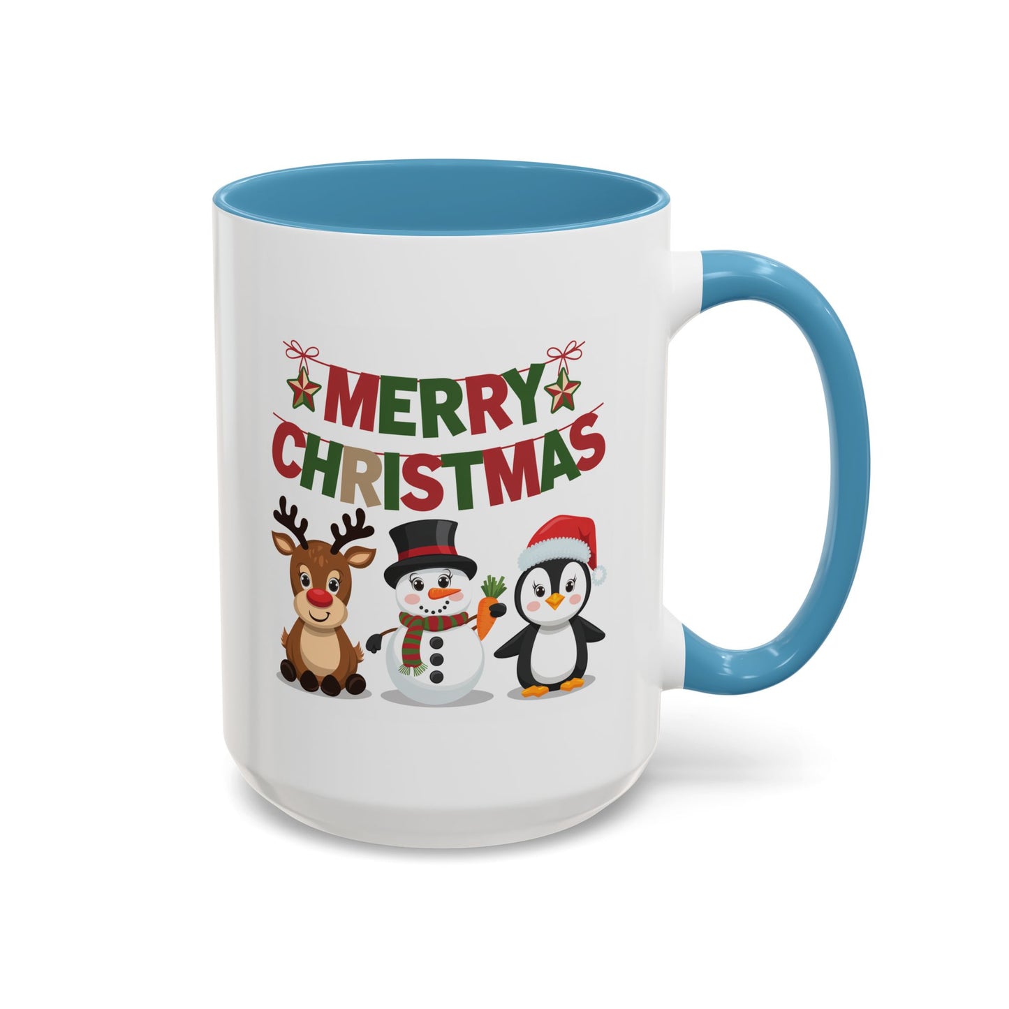 Christmas Mug - Red Green & Gold Text Reindeer Snowman Penguin