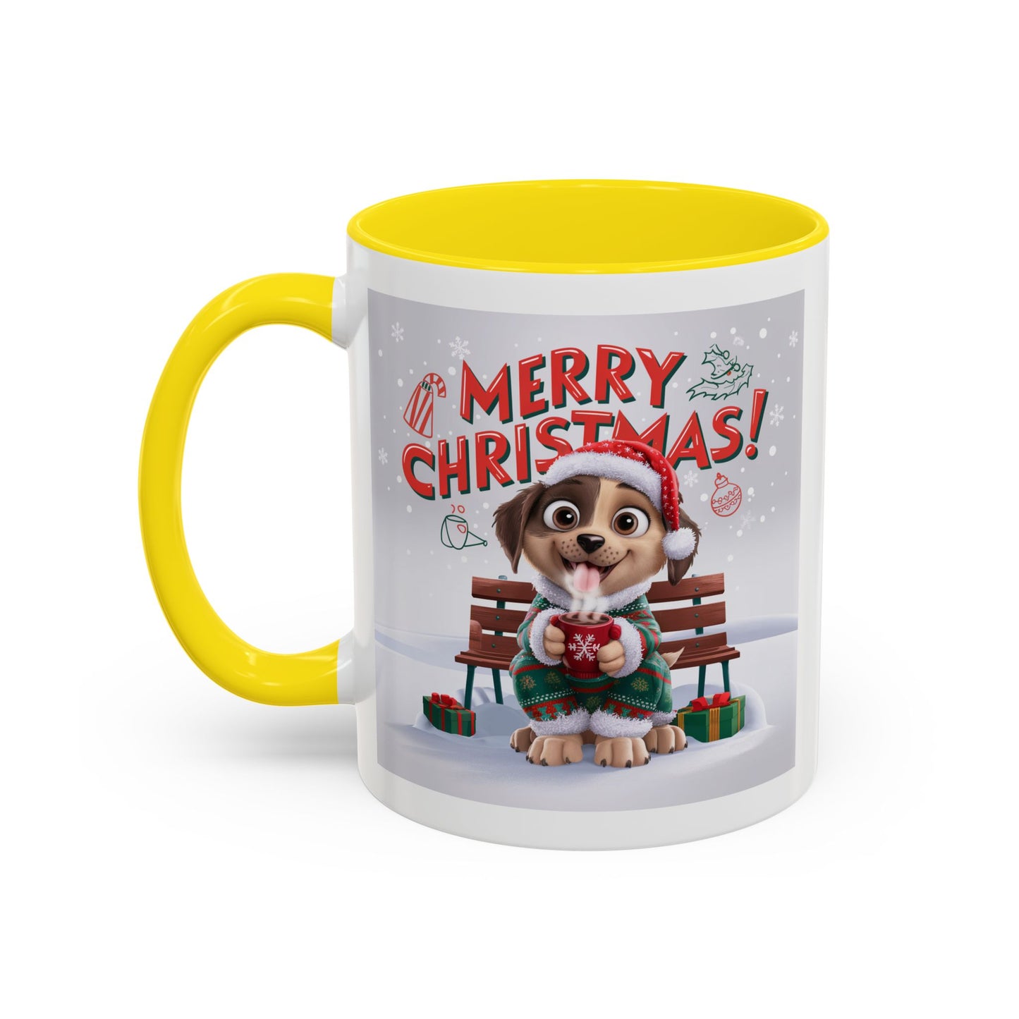 Christmas Mug - Merry Christmas Red Text Puppy Green Top